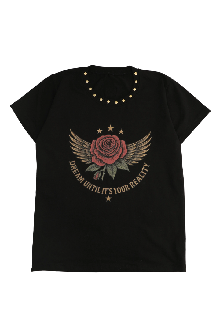 Black t-shirt with a rose and wings graphic and text on a white background
