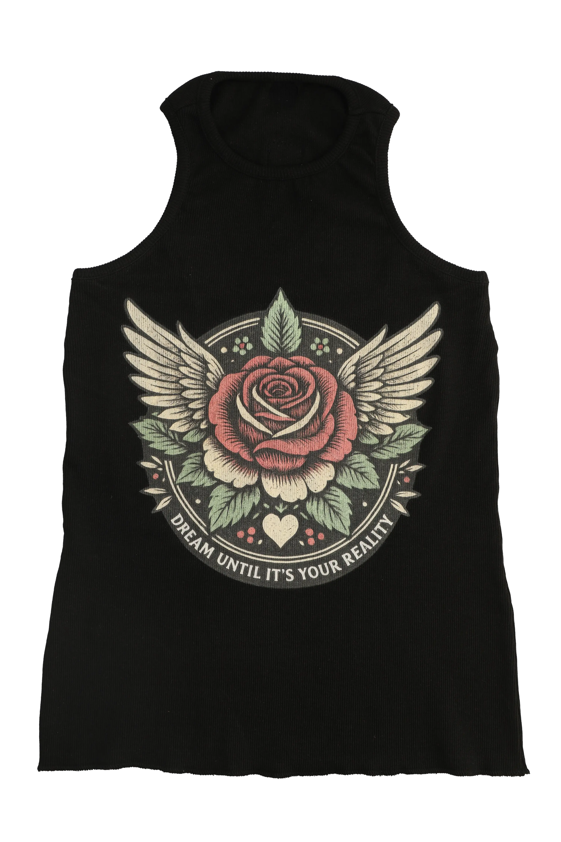 Black tank top with a rose and wings design on a white background