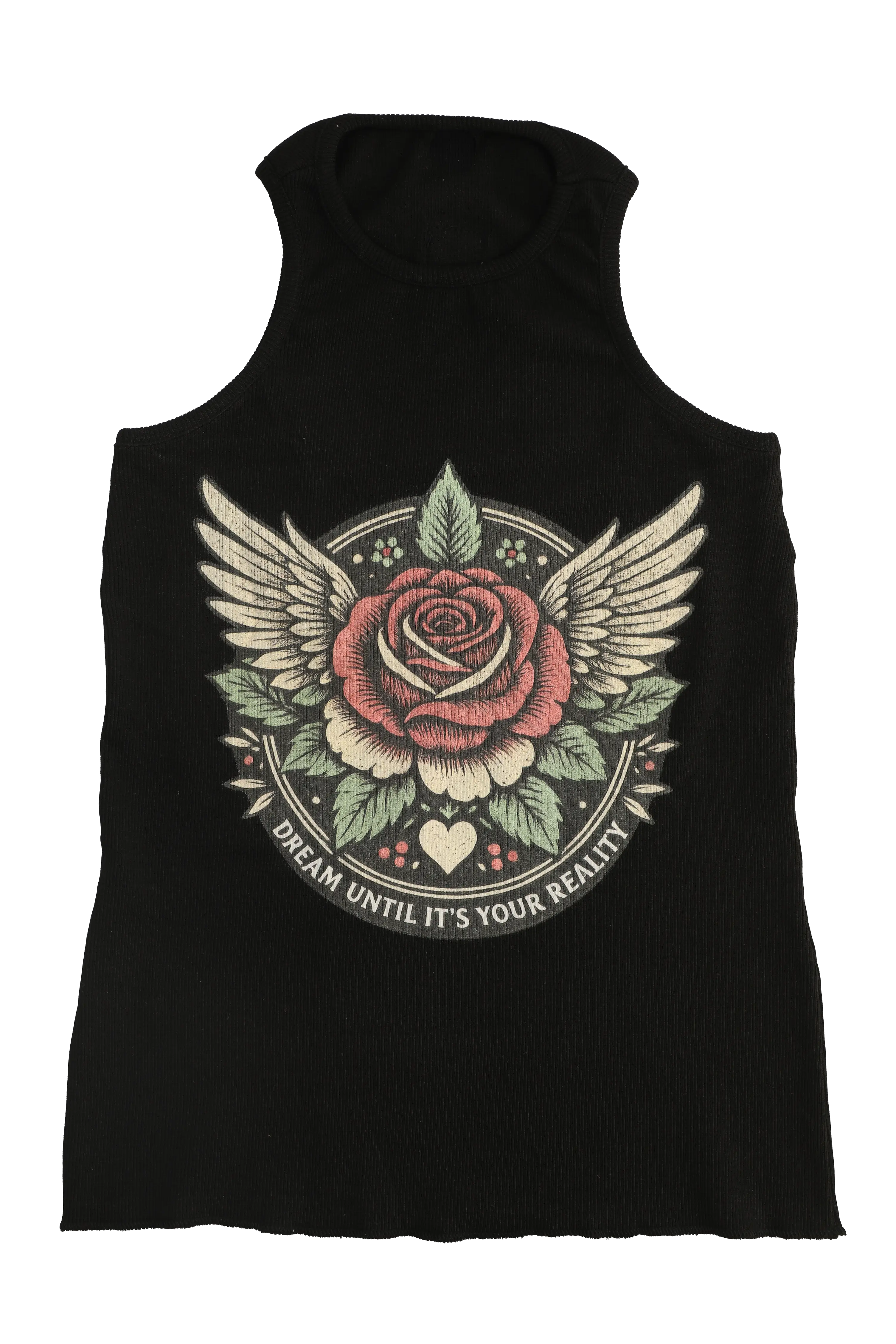 Black tank top with a rose and wings design on a white background