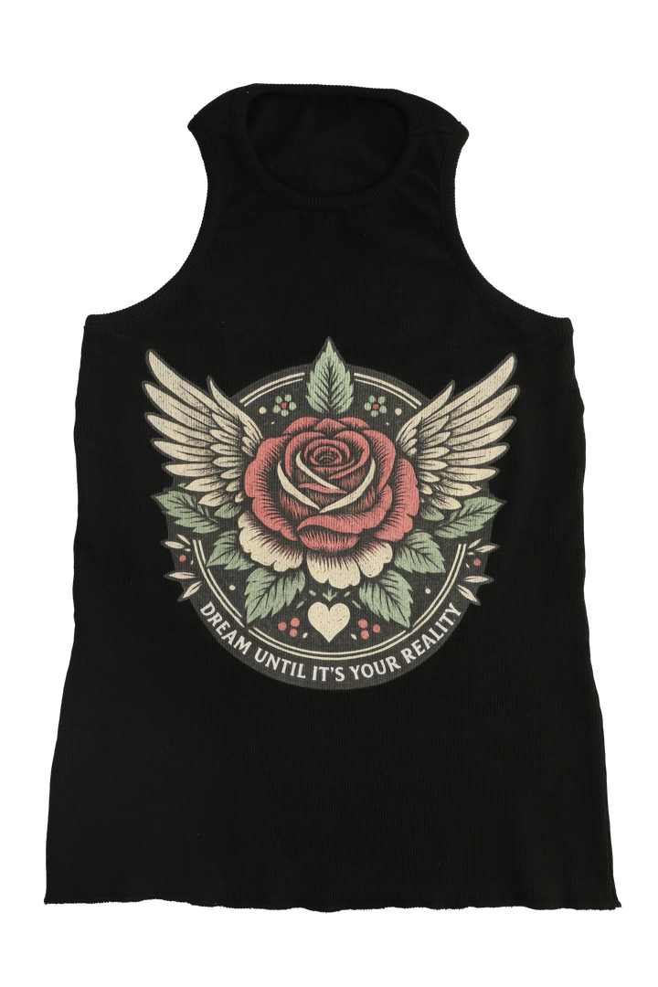 Black tank top with a rose and wings design on a white background