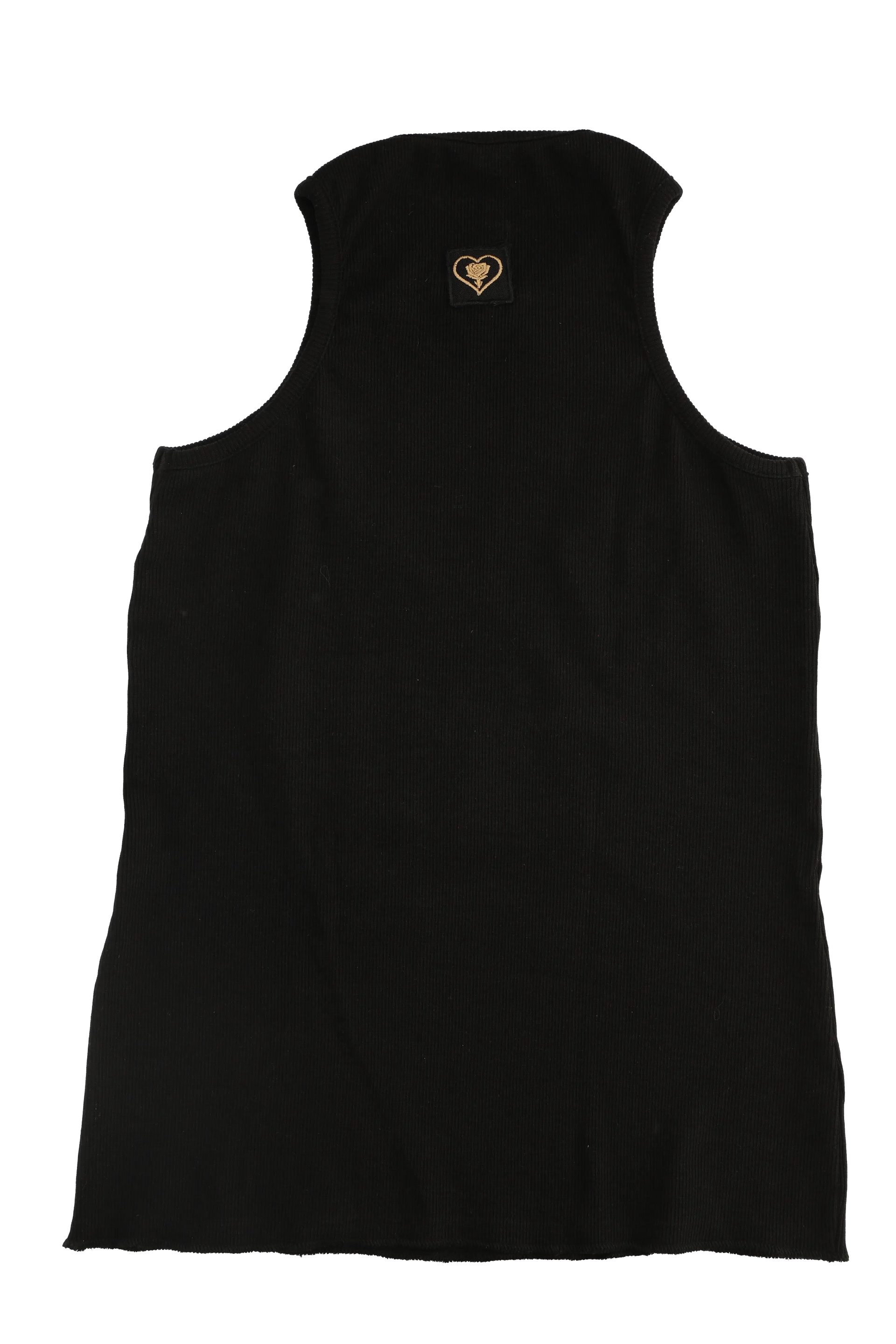Black sleeveless top with a small logo on a white background