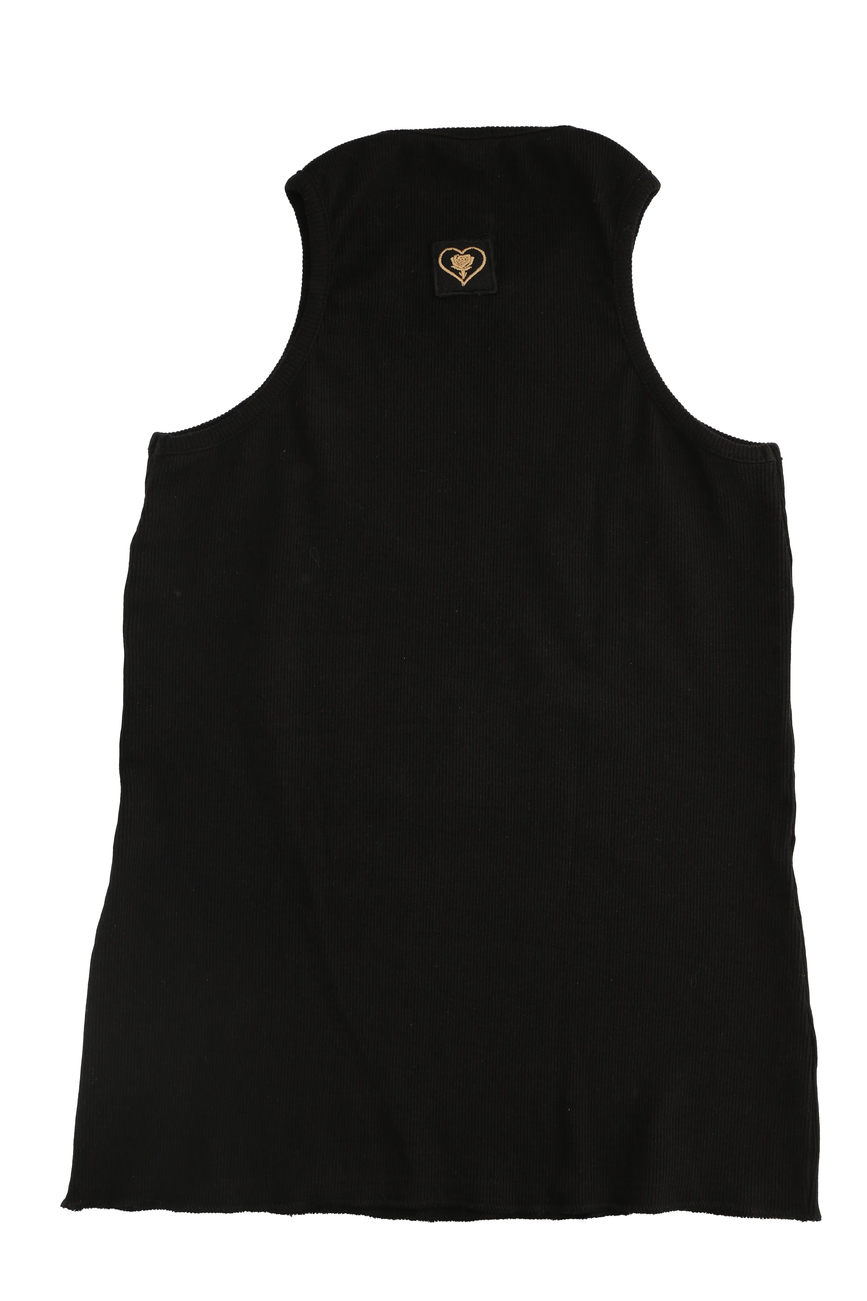 Black sleeveless top with a small logo on a white background