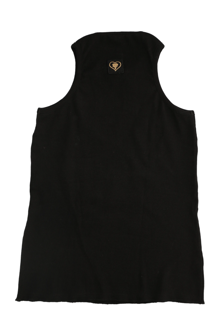 Black sleeveless top with a small logo on a white background