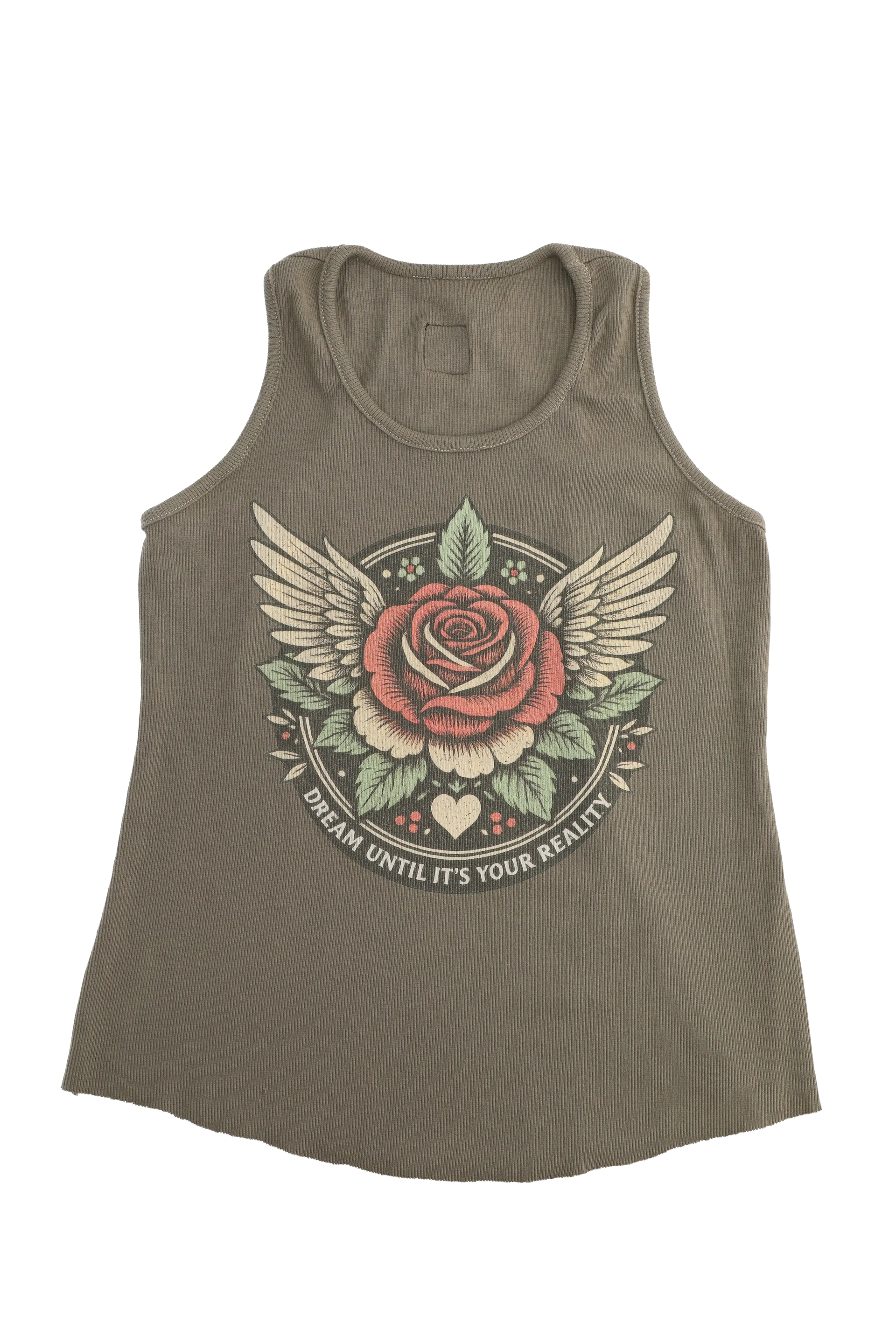Green tank top with a rose design and text on a white background