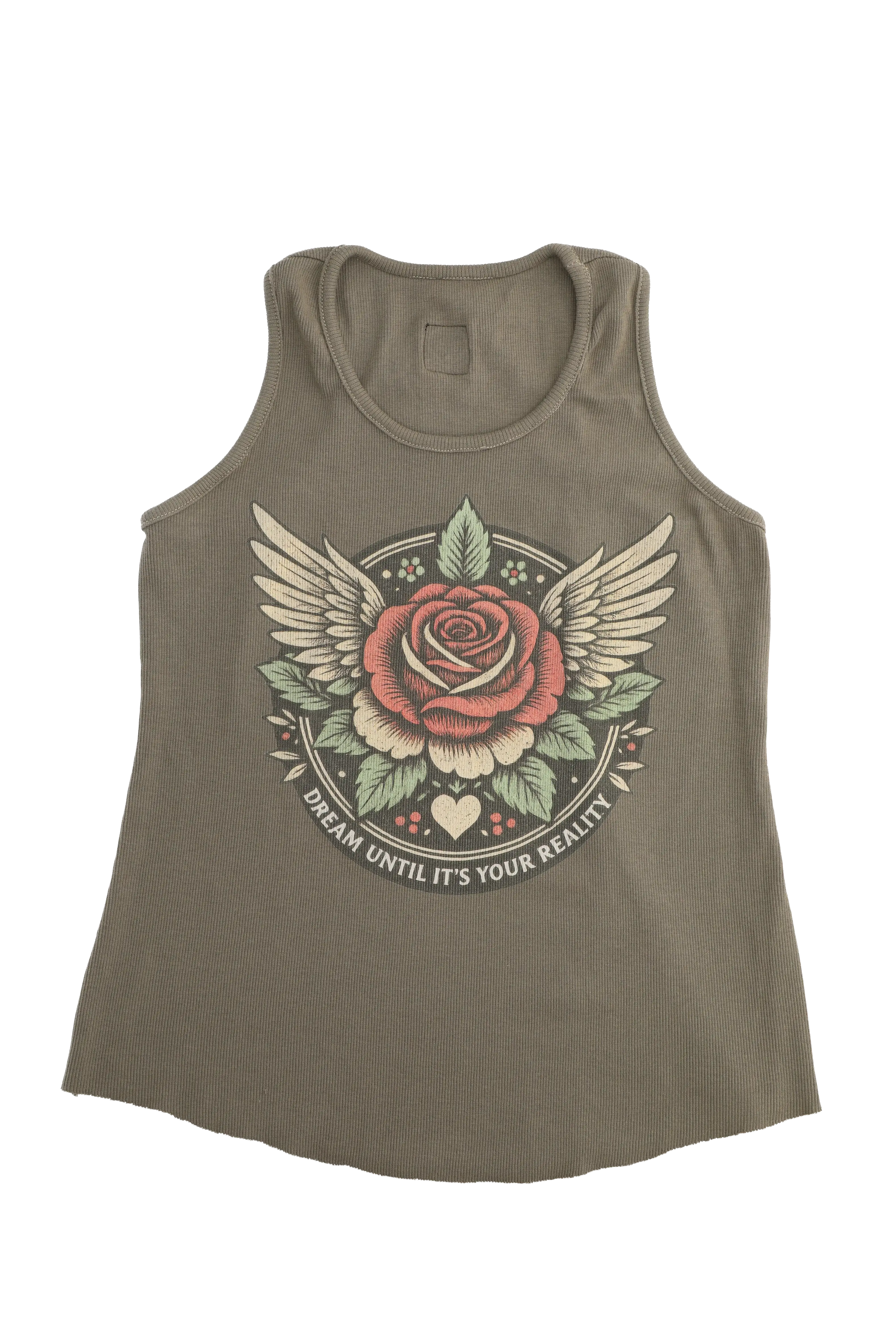 Green tank top with a rose design and text on a white background