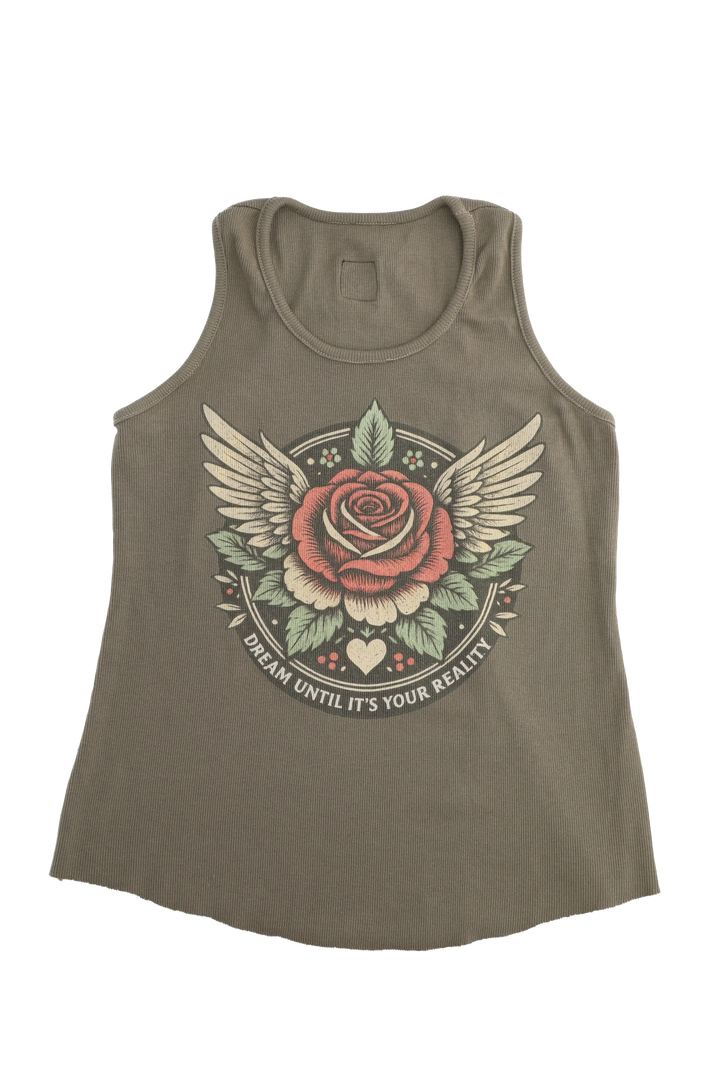 Green tank top with a rose design and text on a white background