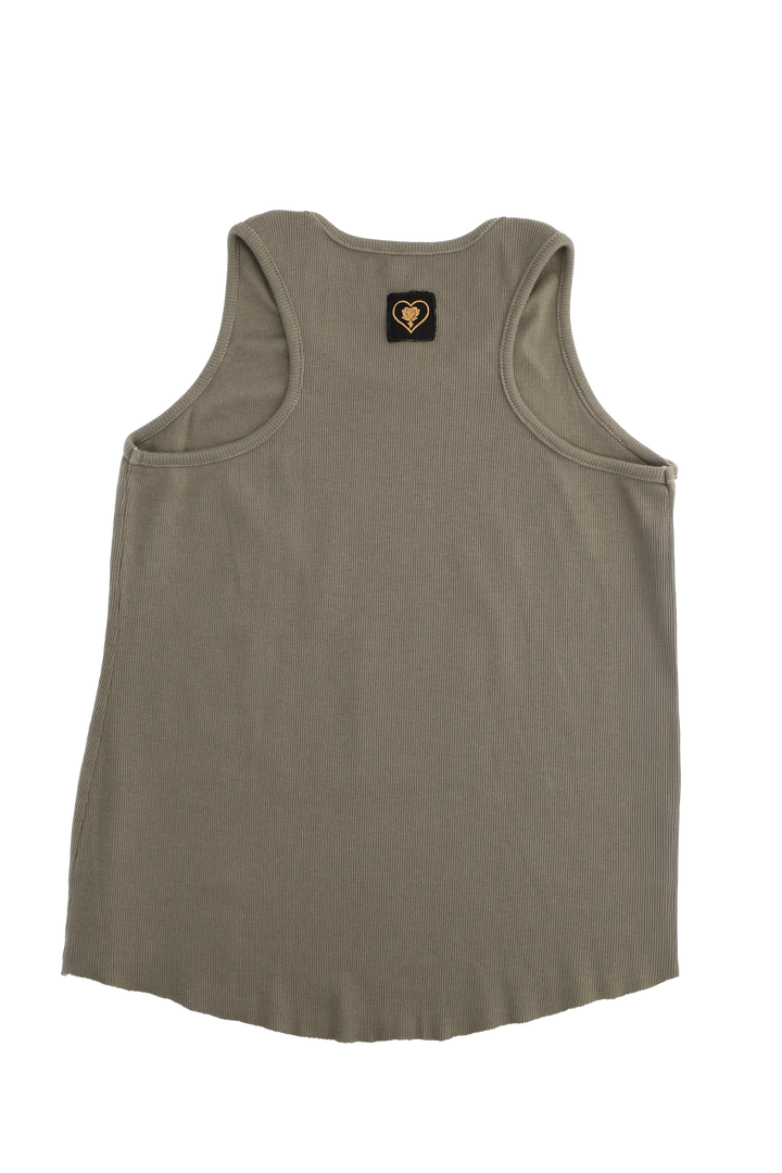 Green tank top with a small logo on the back against a white background