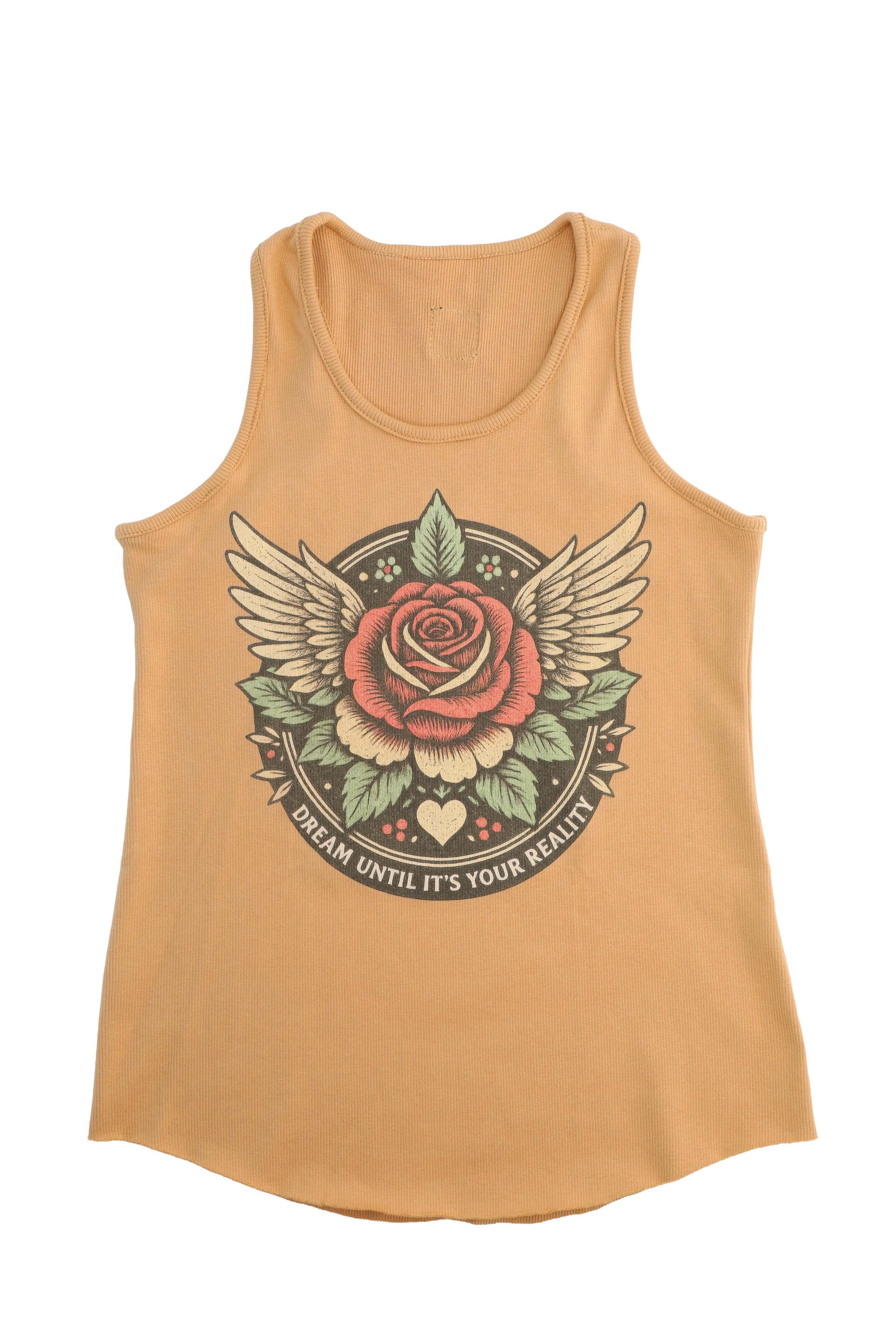Mustard yellow tank top with a rose and wings graphic design on a white background