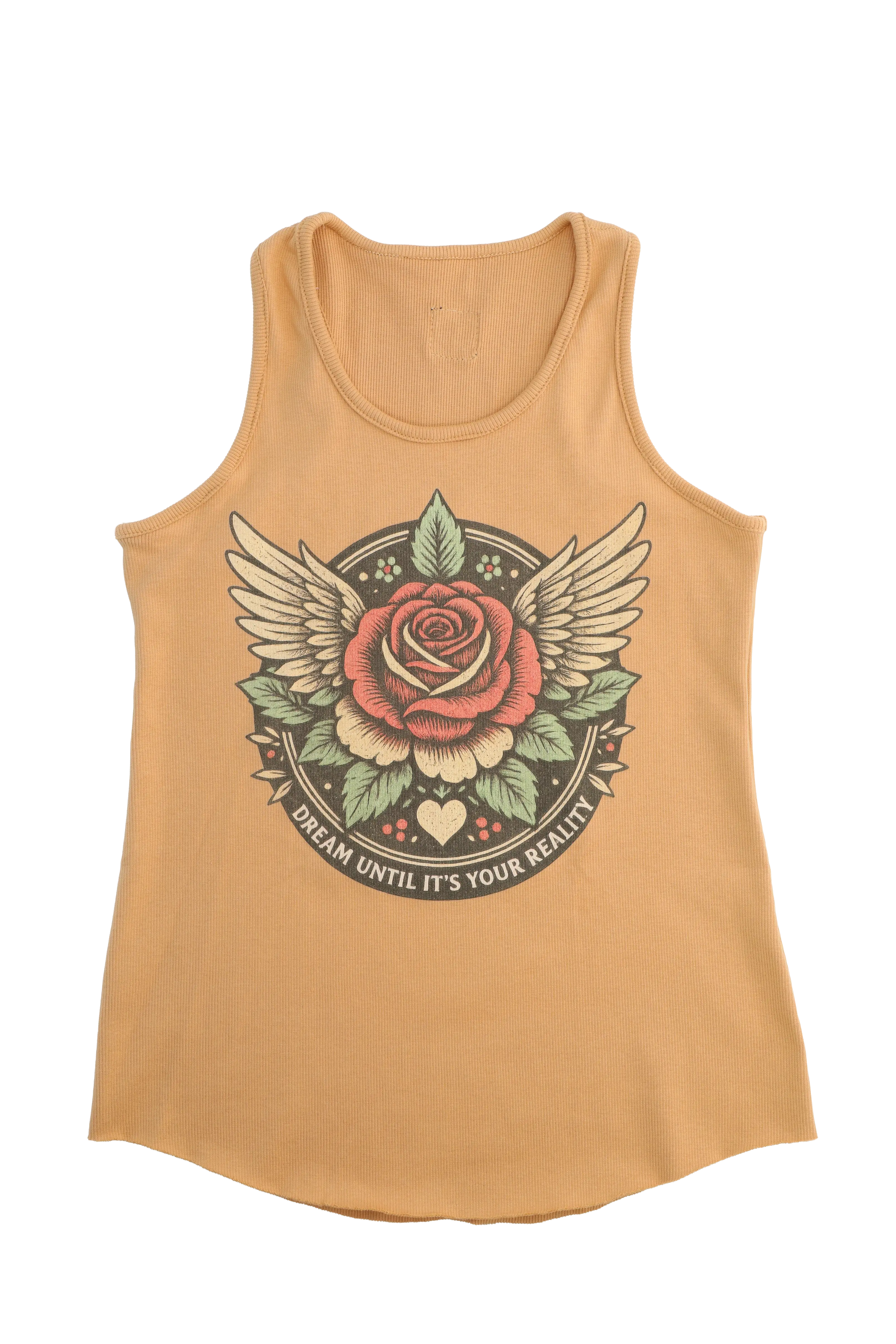 Mustard yellow tank top with a rose and wings graphic design on a white background