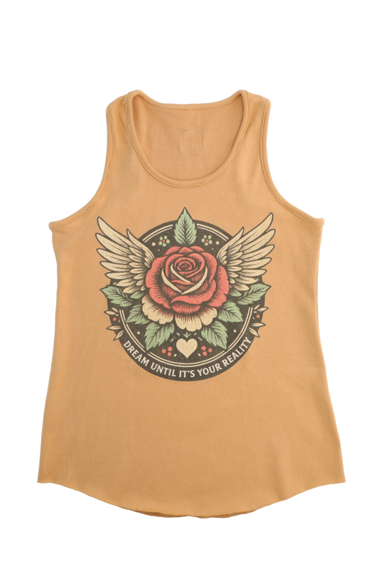 Mustard yellow tank top with a rose and wings graphic design on a white background