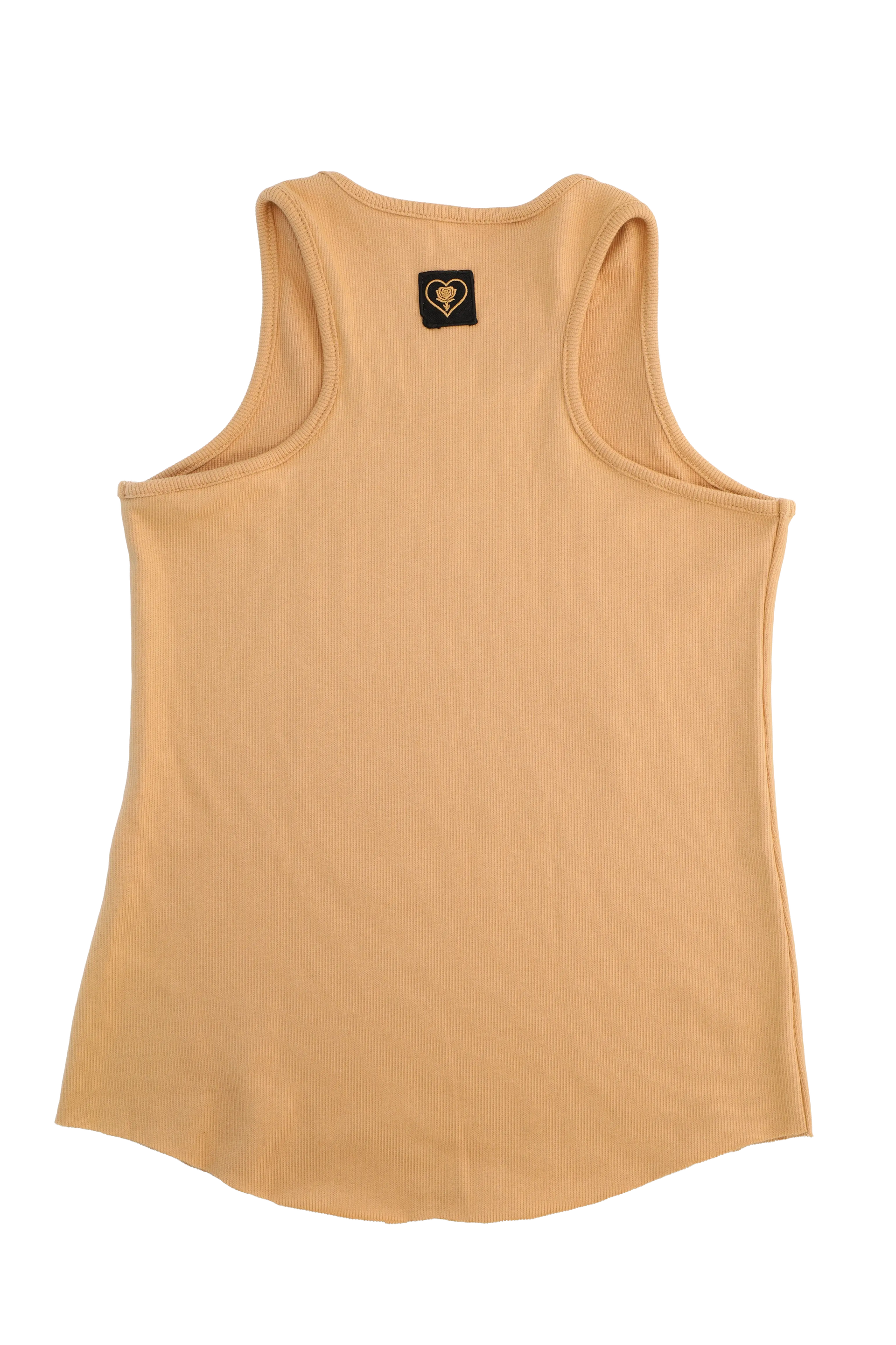 Beige tank top with a small logo on the back against a white background