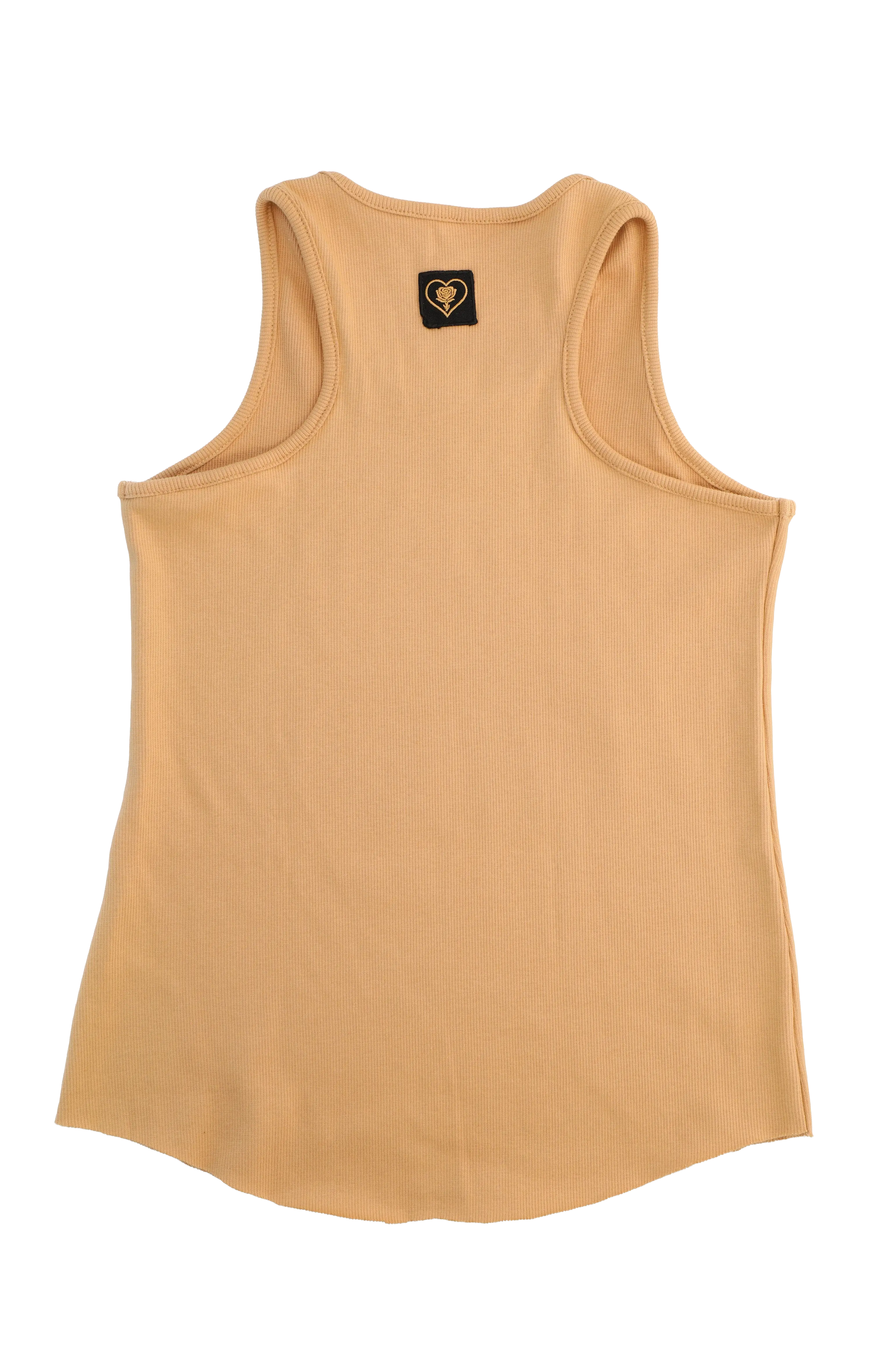 Beige tank top with a small logo on the back against a white background