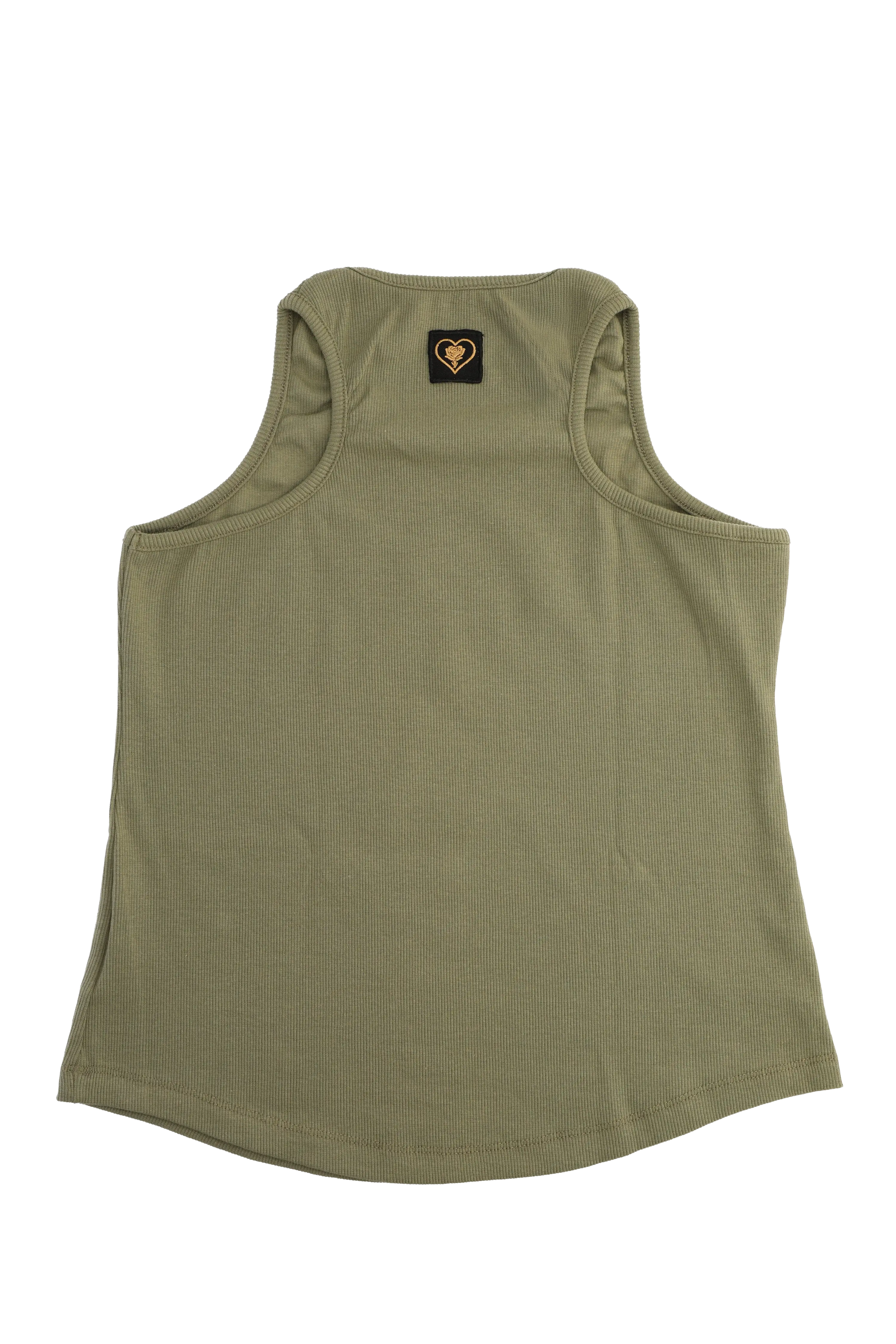 Green tank top with a small logo on a white background