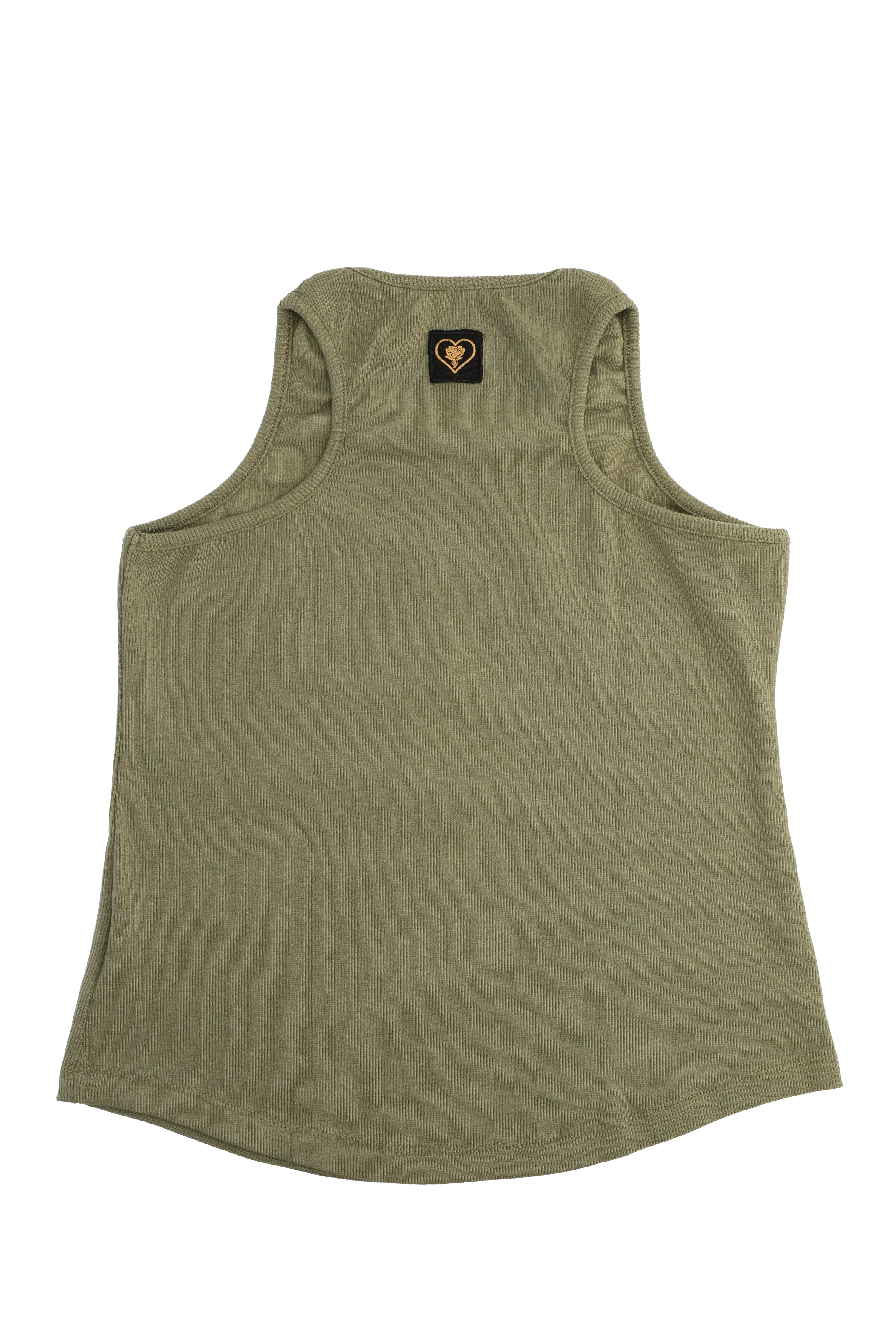 Green tank top with a small logo on a white background