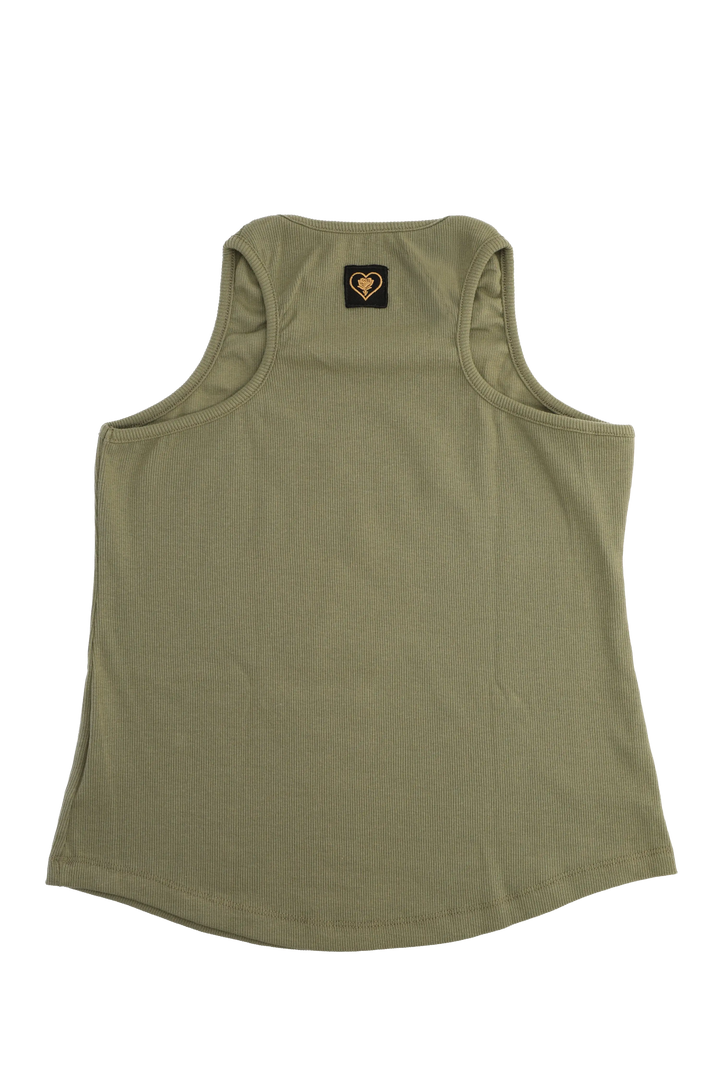 Green tank top with a small logo on a white background