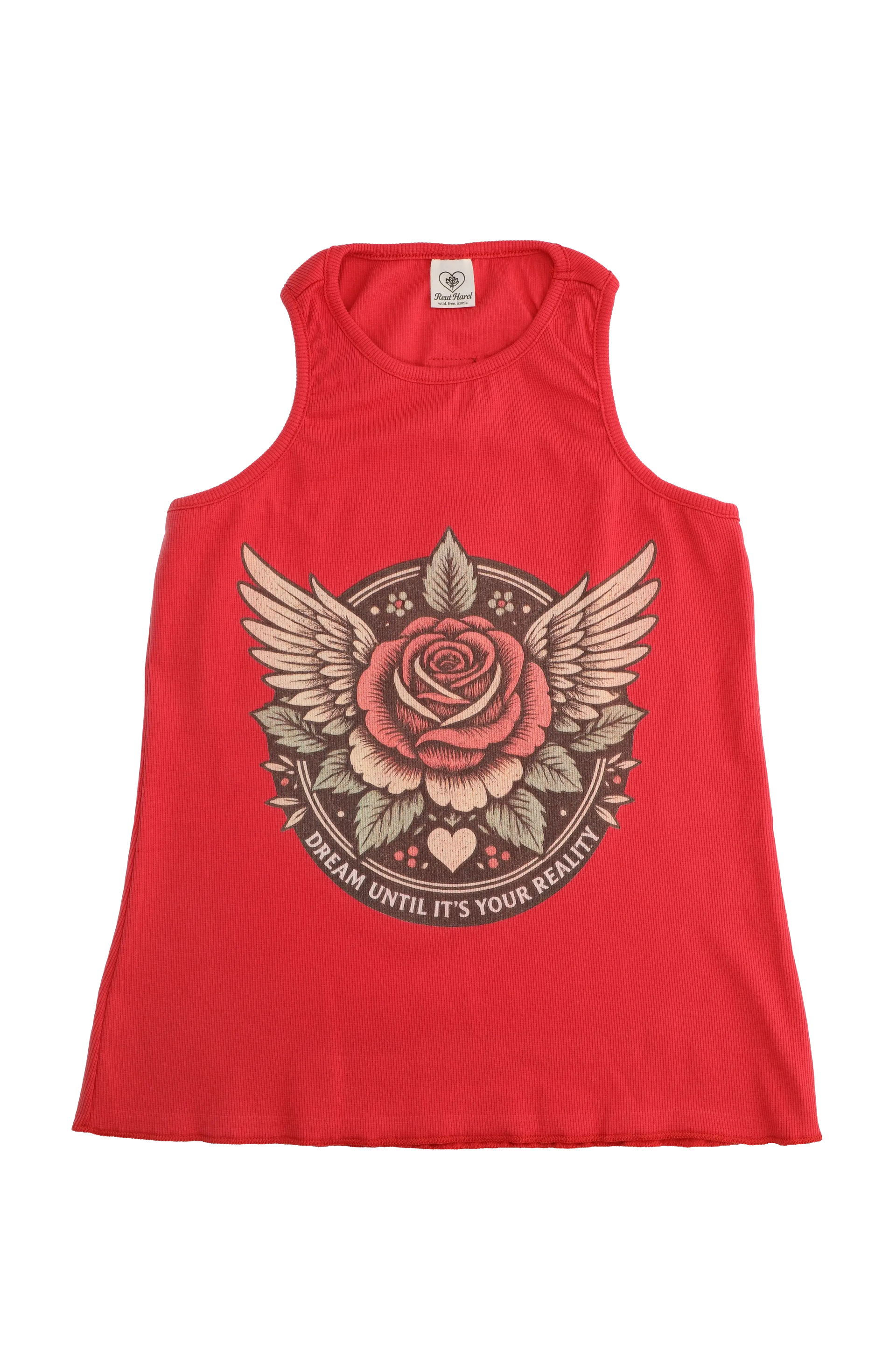 Red tank top with a rose and wings graphic design on a white background