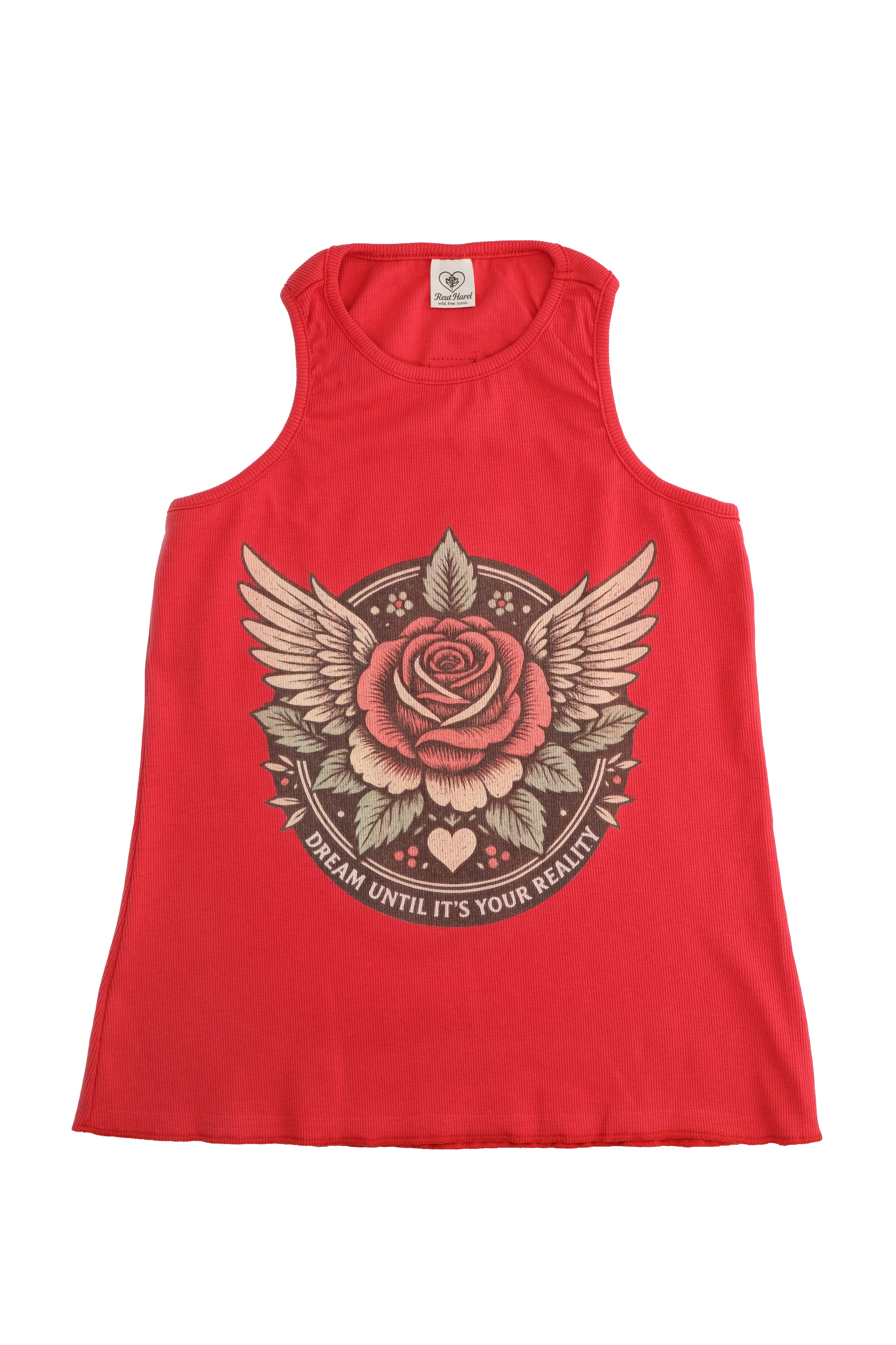 Red tank top with a rose and wings graphic design on a white background