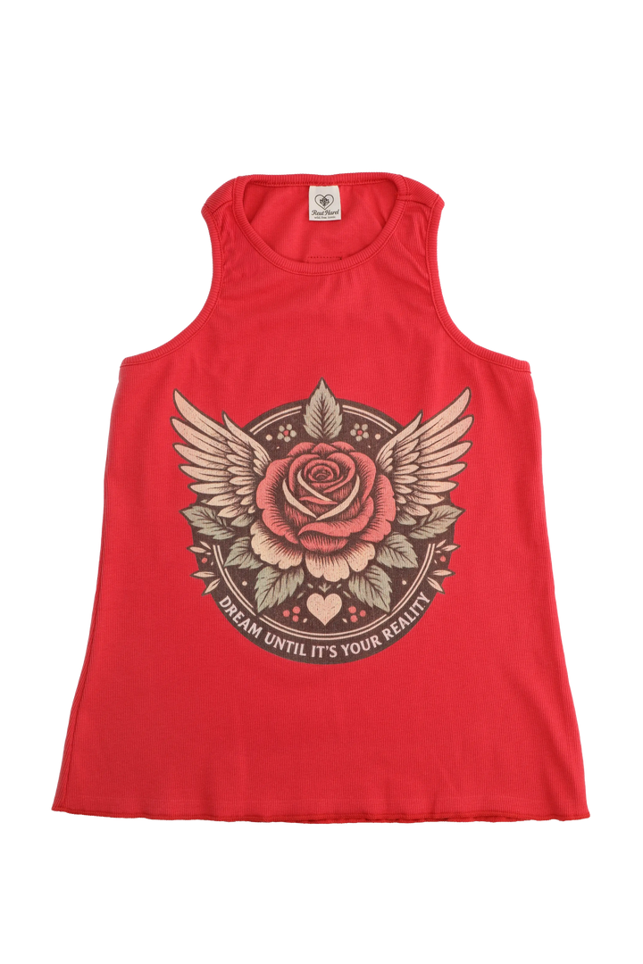 Red tank top with a rose and wings graphic design on a white background
