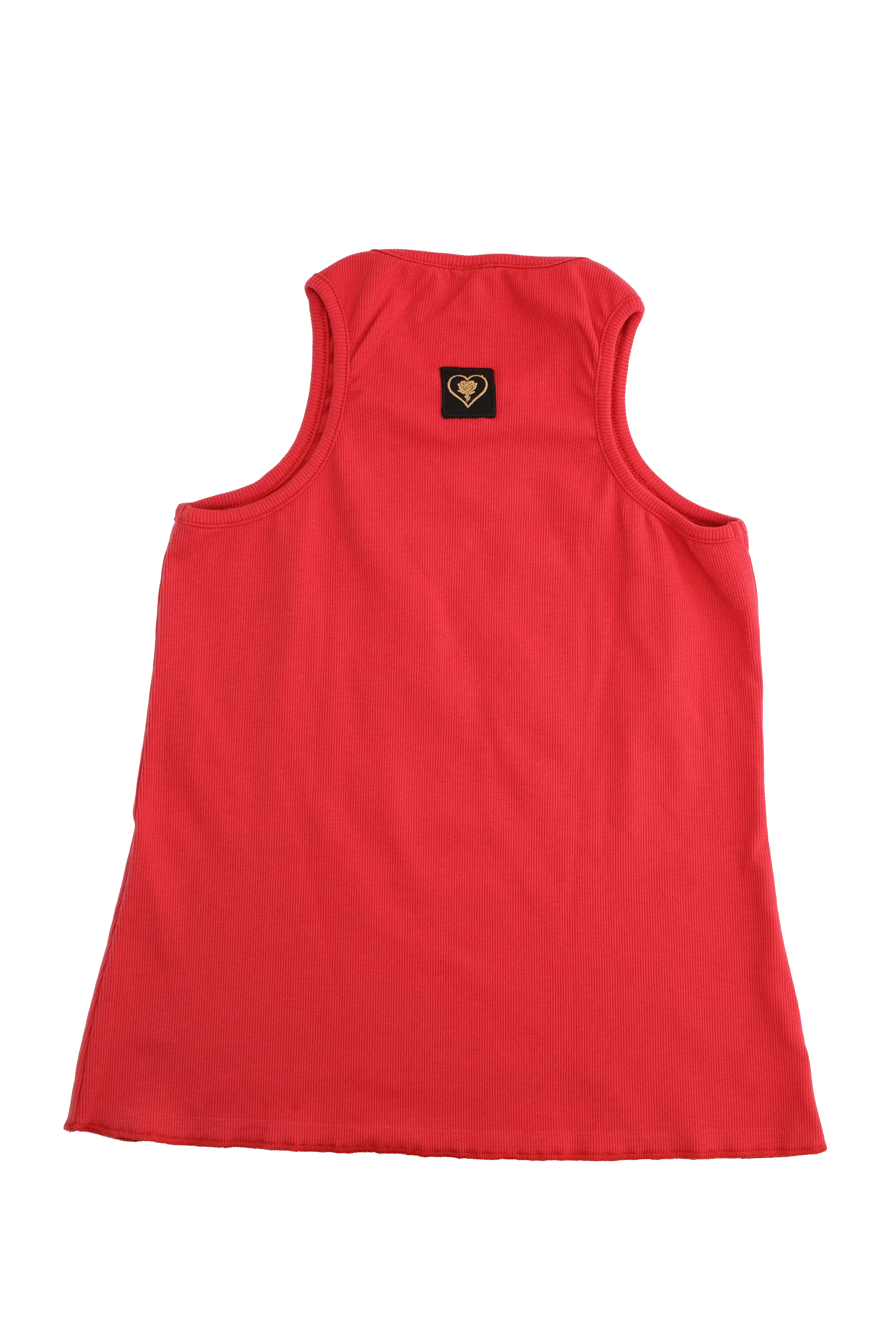 Red tank top with a small logo on the back against a white background