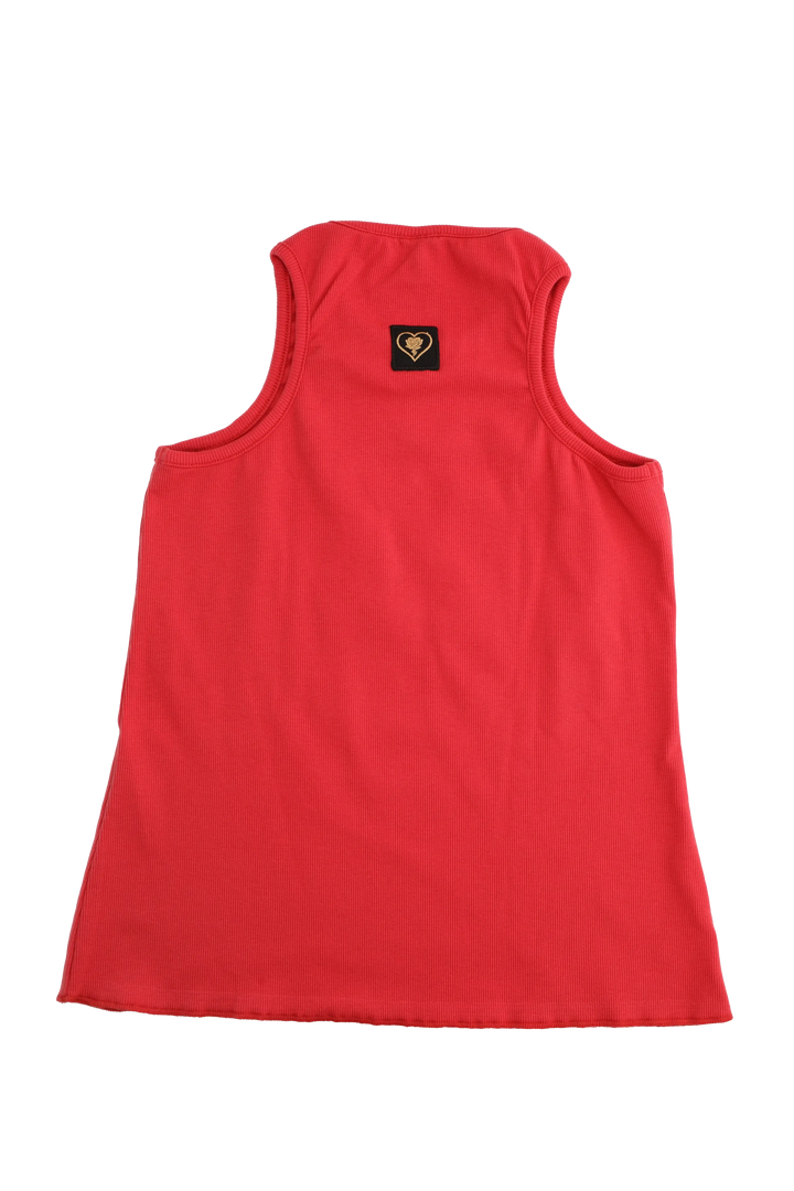 Red tank top with a small logo on the back against a white background