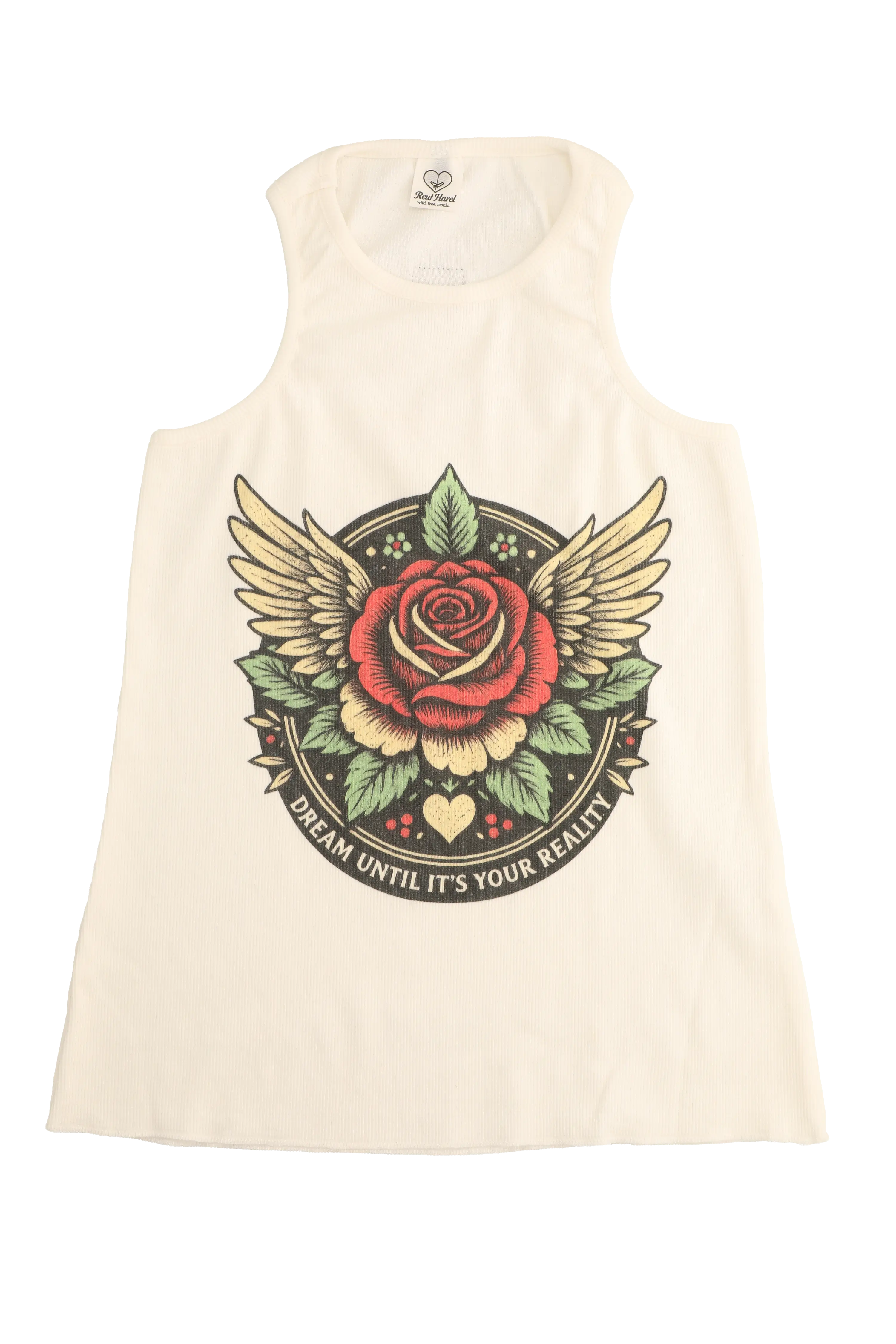 Beige tank top with a rose and wings design on a white background