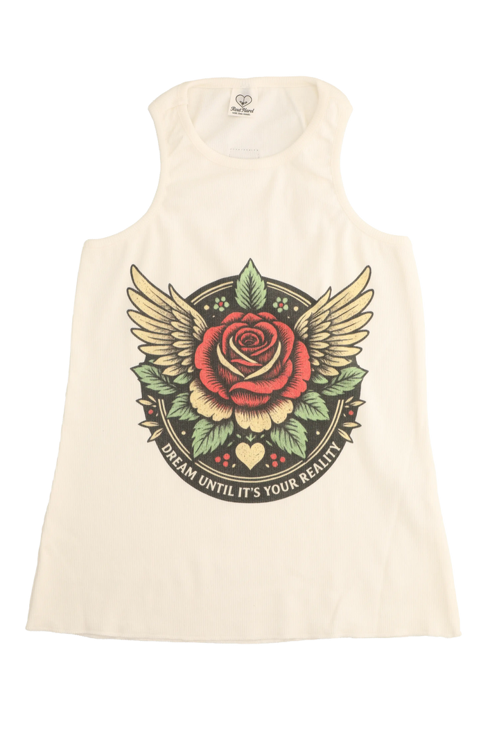 Beige tank top with a rose and wings design on a white background