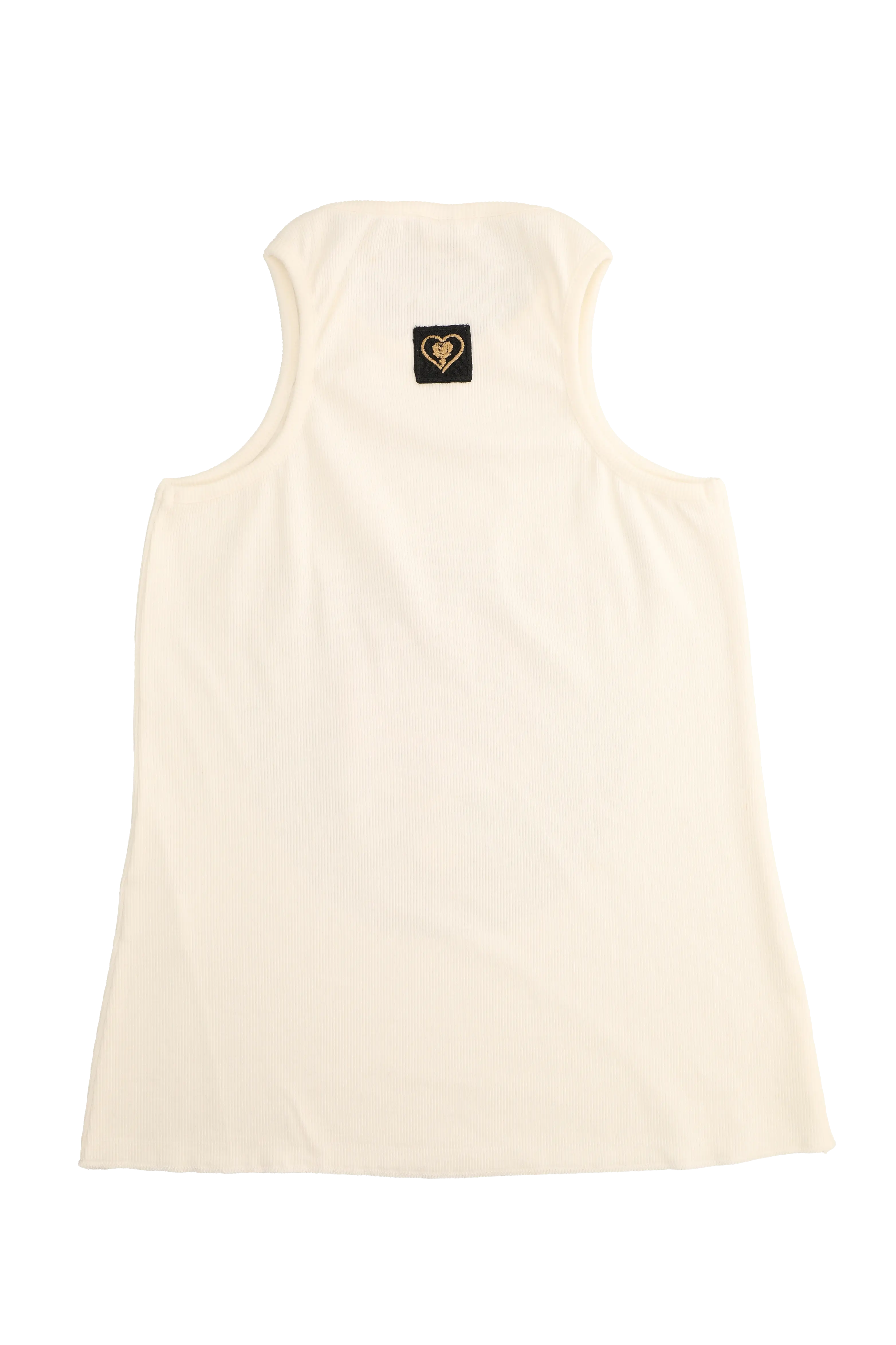 Beige tank top with a small logo on a white background