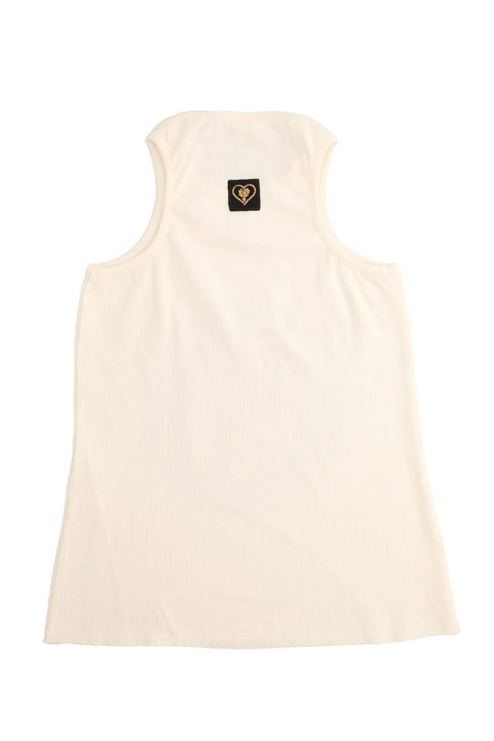 Beige tank top with a small logo on a white background