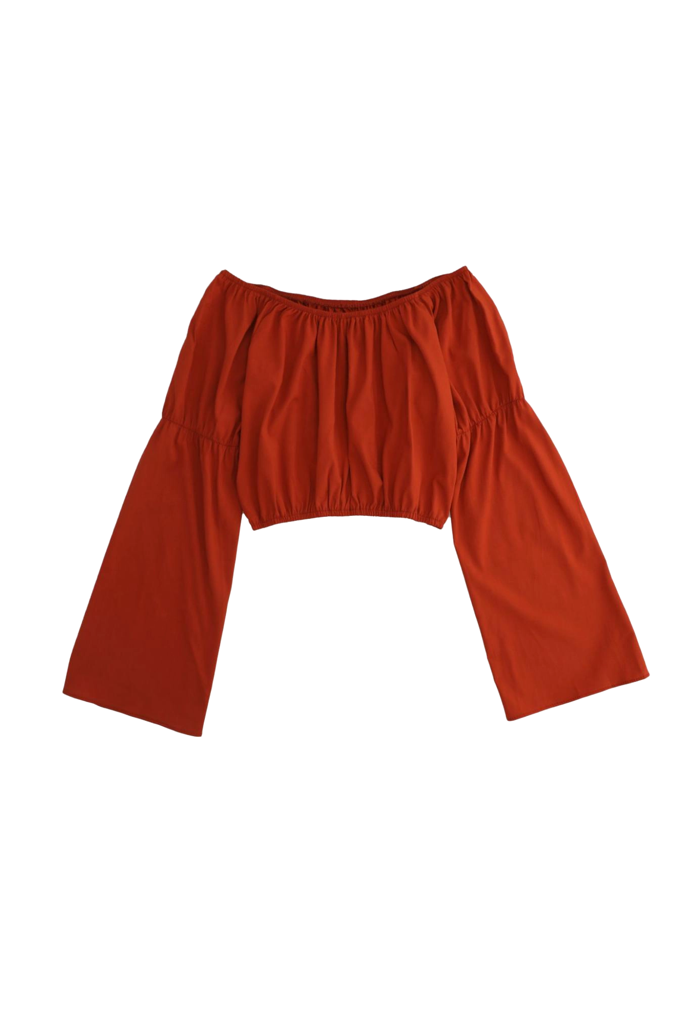Red off-shoulder top with wide sleeves on a white background