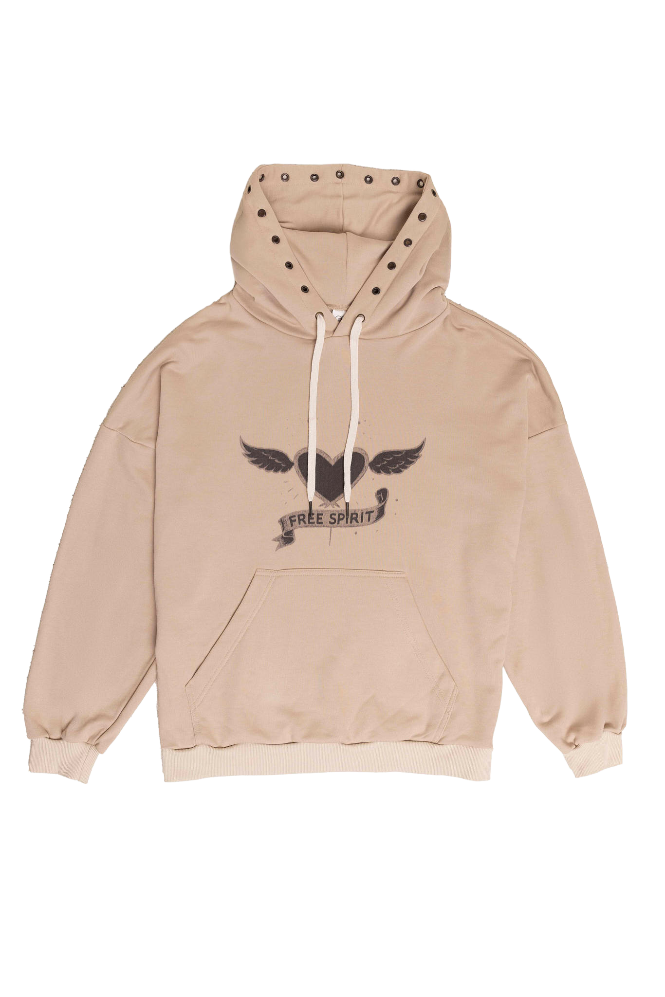 Beige hoodie with a logo on a white background