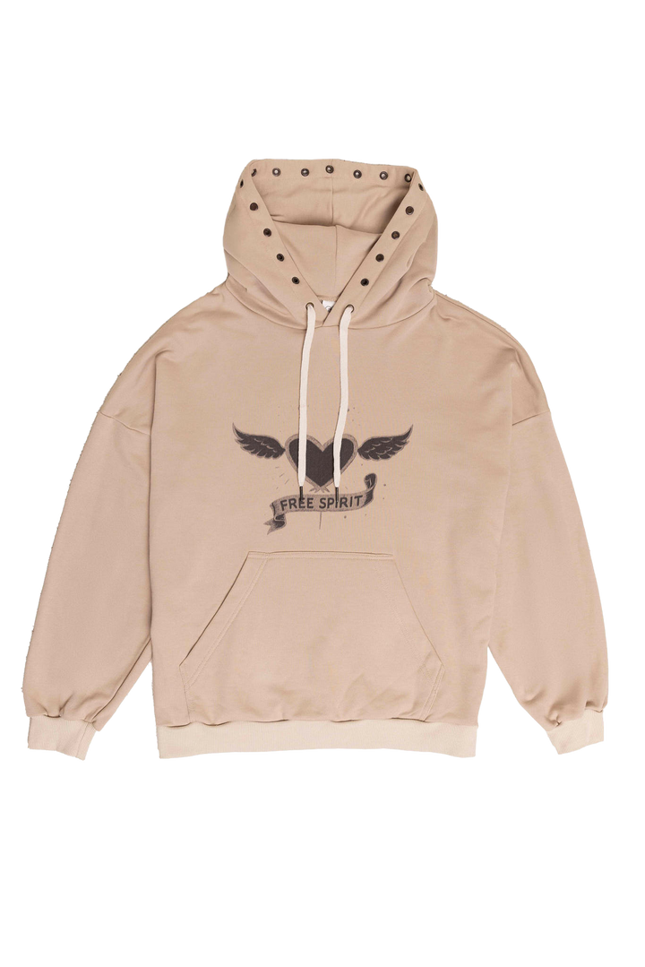 Beige hoodie with a logo on a white background