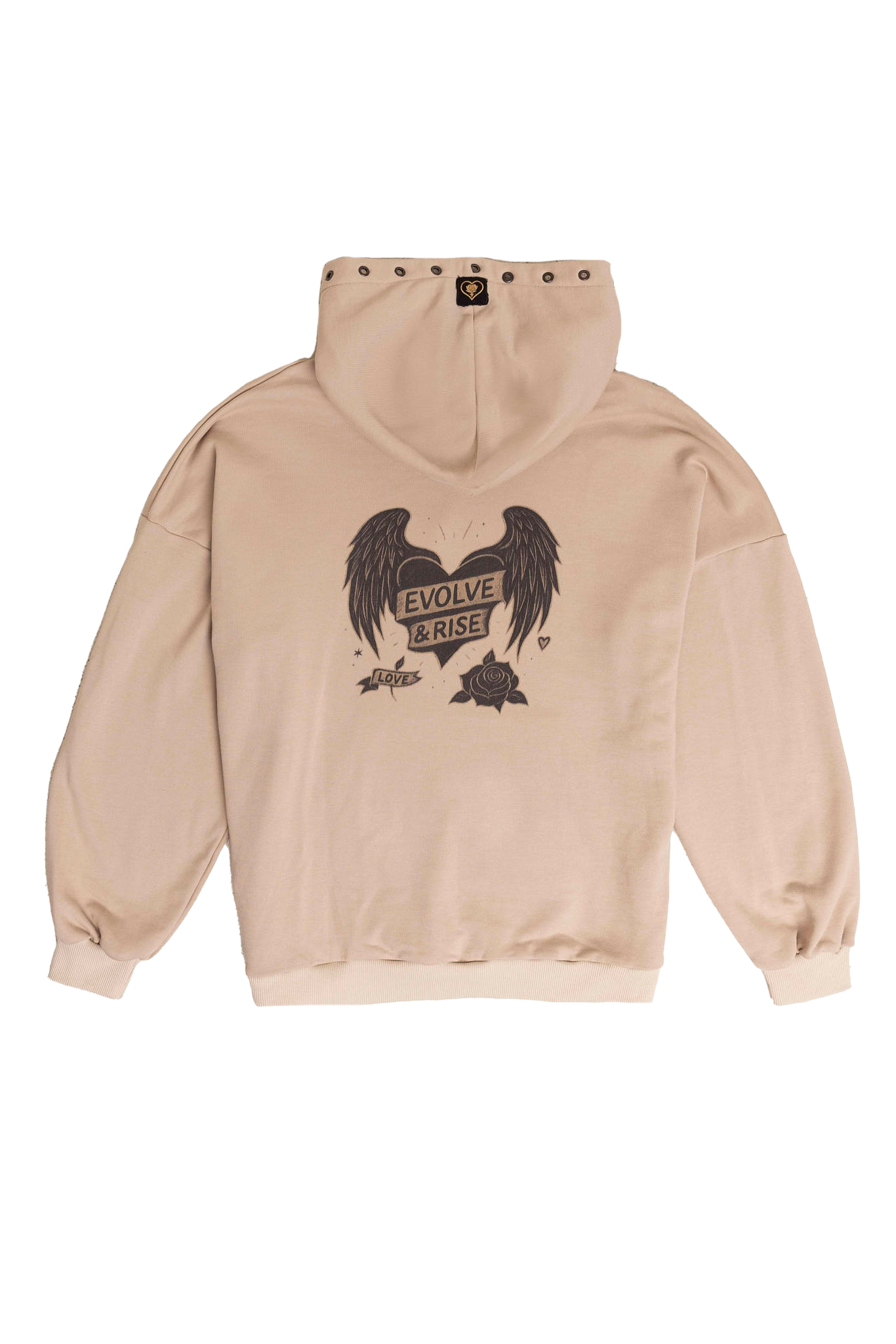 Beige hoodie with black graphic design on a white background