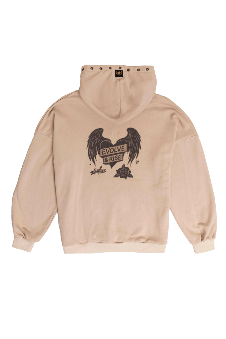 Beige hoodie with black graphic design on a white background