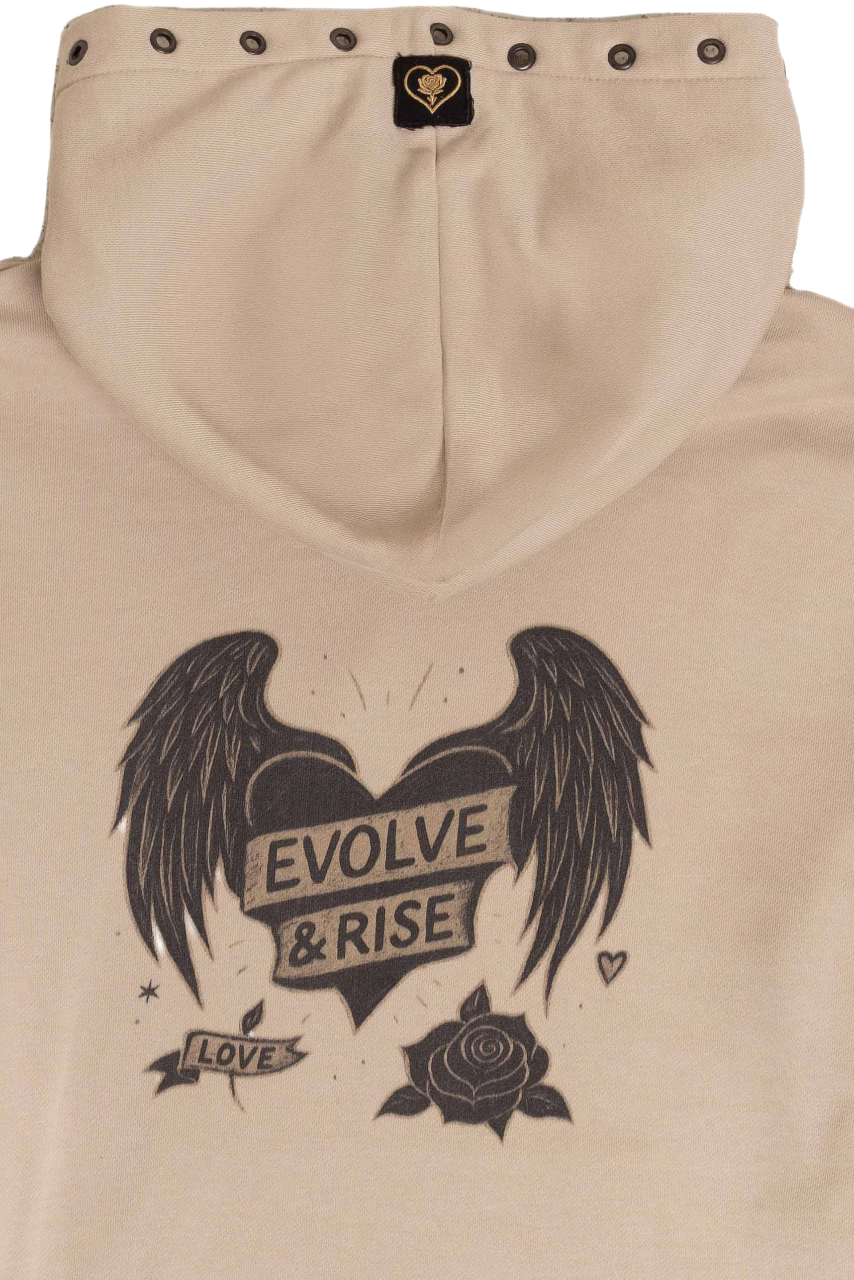 Beige hoodie with black graphic design featuring text and a rose on a white background