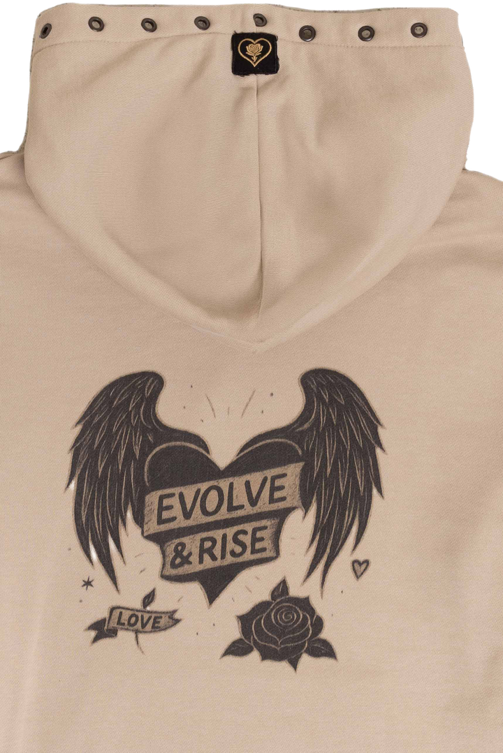 Beige hoodie with black graphic design featuring text and a rose on a white background