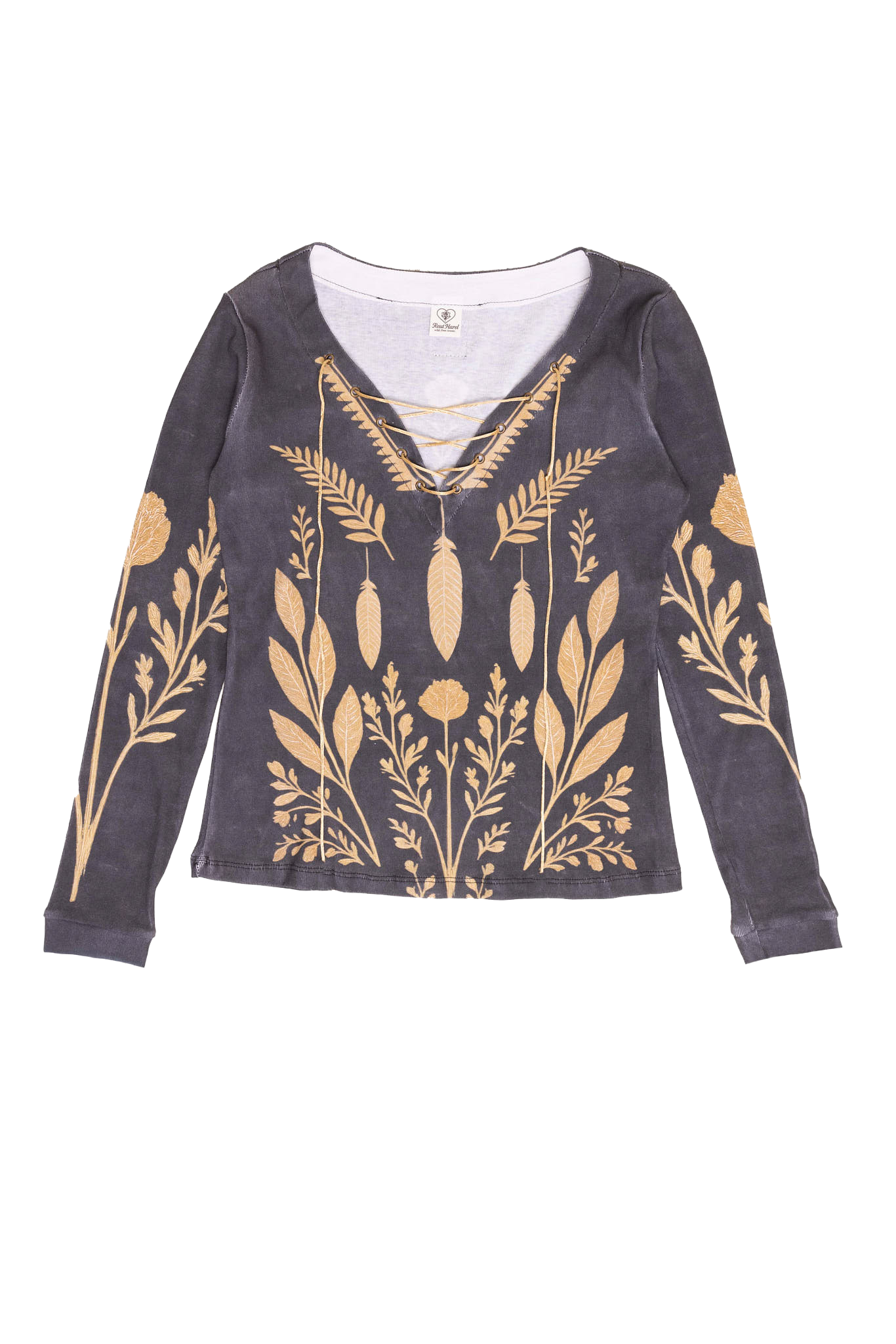 Dark gray long-sleeve top with gold leaf pattern on a white background