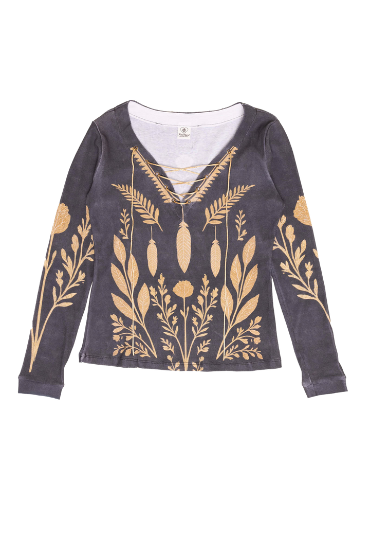 Dark gray long-sleeve top with gold leaf pattern on a white background