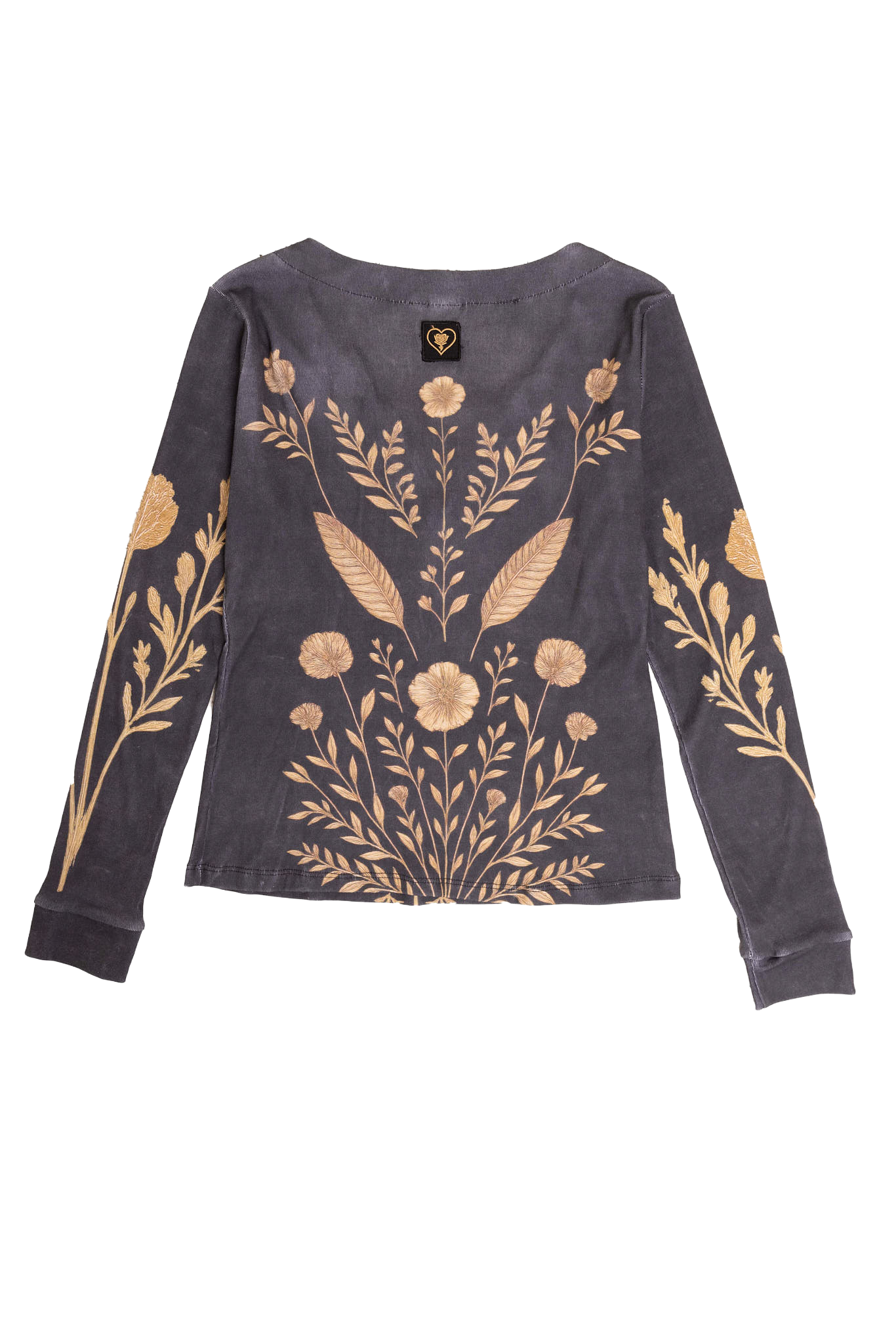 Dark gray long-sleeve shirt with gold floral and leaf patterns on a white background
