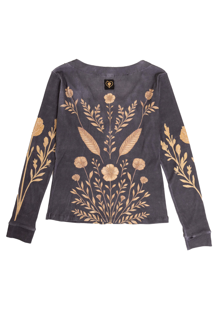 Dark gray long-sleeve shirt with gold floral and leaf patterns on a white background