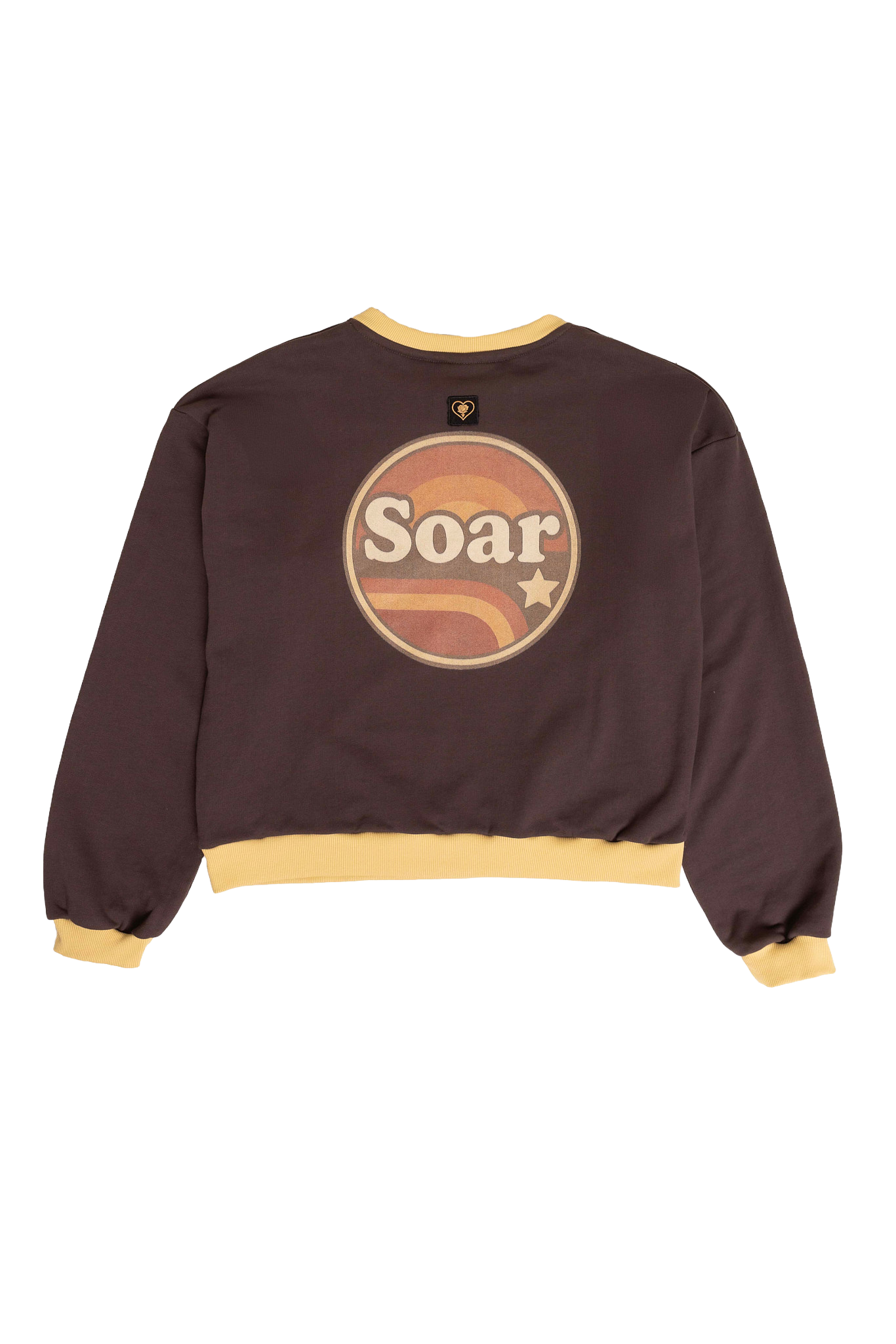 Brown sweatshirt with 'Soar' graphic on a white background
