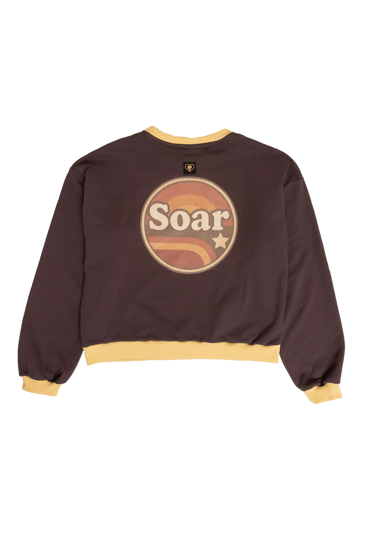 Brown sweatshirt with 'Soar' graphic on a white background