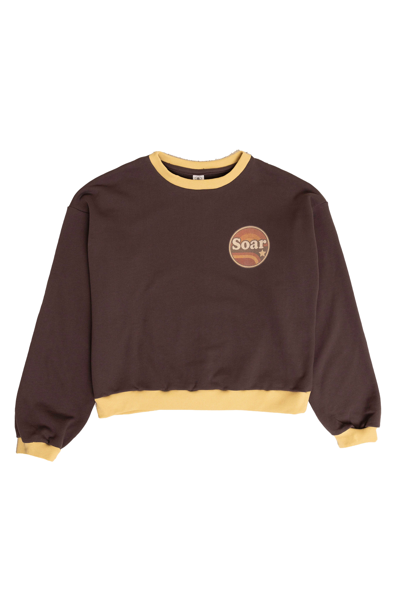 Brown sweatshirt with yellow trim and 'Soar' logo on a white background