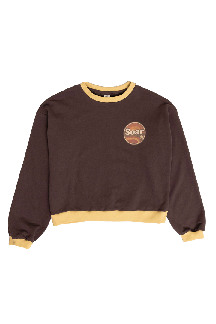 Brown sweatshirt with yellow trim and 'Soar' logo on a white background
