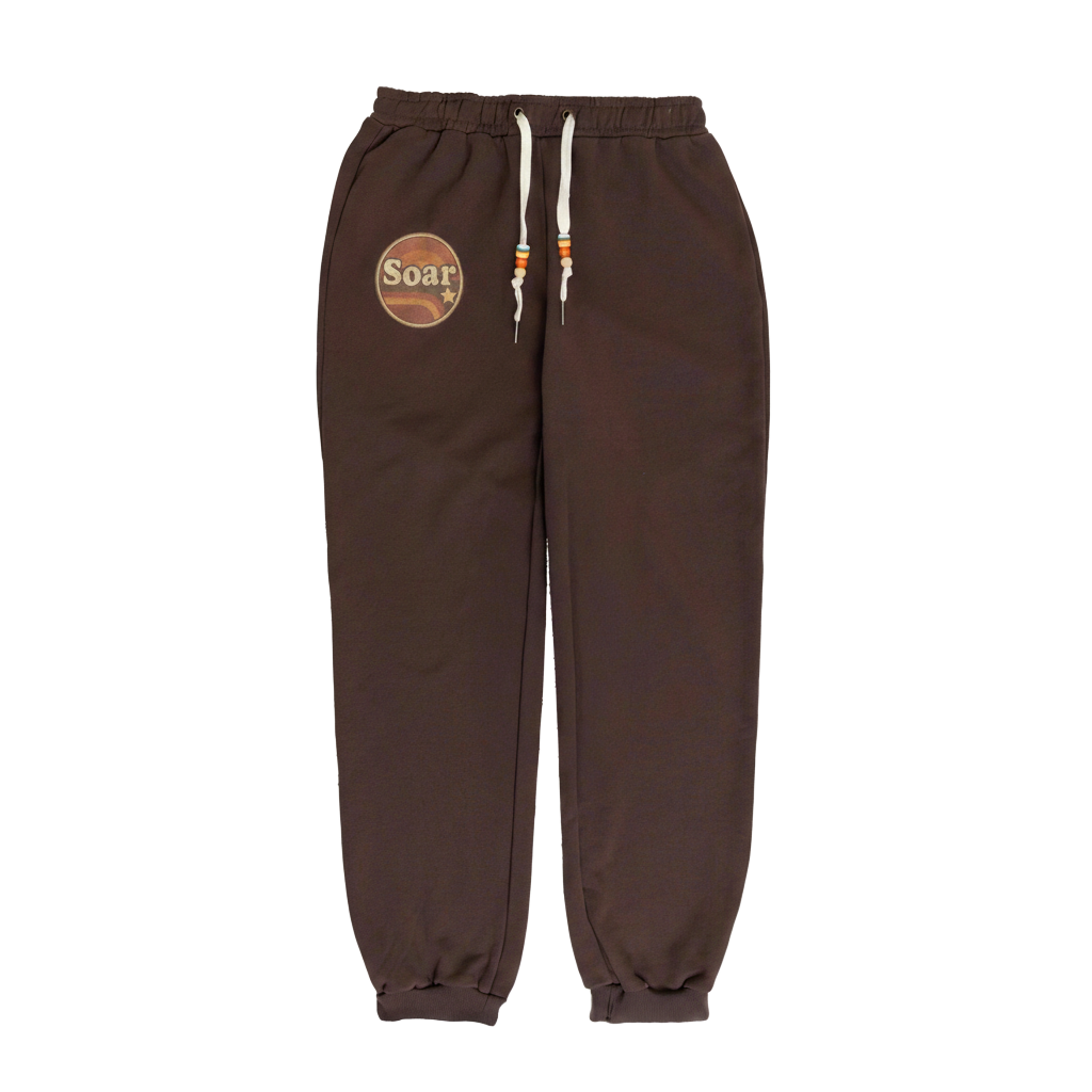 Brown sweatpants with a logo on the left leg against a white background