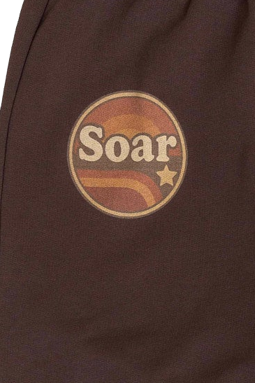 Brown sweatshirt with 'Soar' logo on a close-up of the fabric.