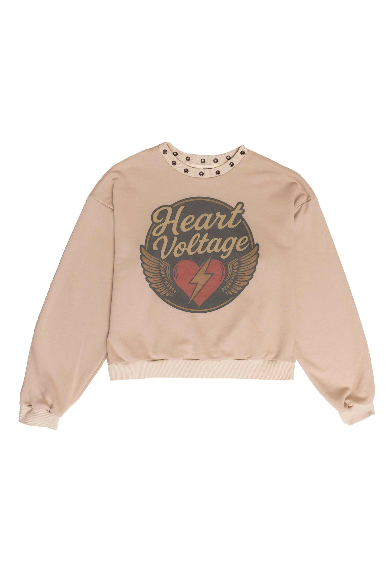 Beige sweatshirt with 'Heart Voltage' graphic design on a white background