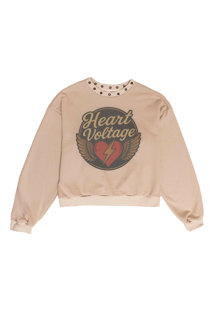 Beige sweatshirt with 'Heart Voltage' graphic design on a white background
