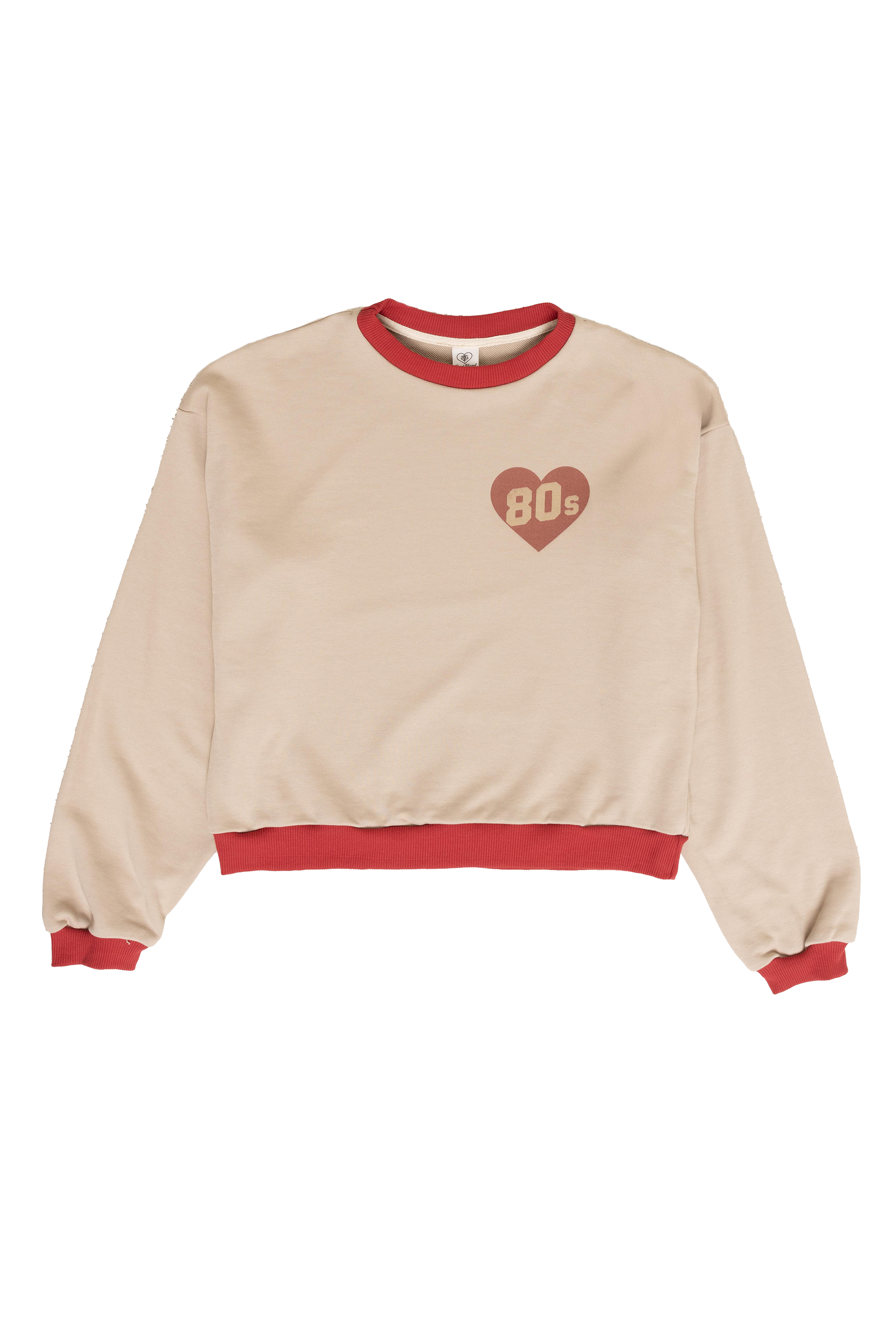 Beige sweatshirt with red accents and a heart design on a white background