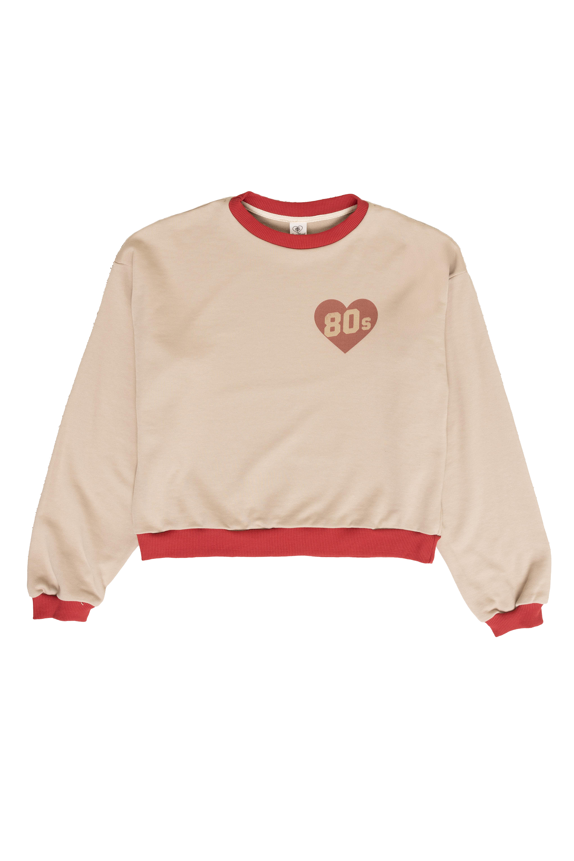 Beige sweatshirt with red accents and a heart design on a white background