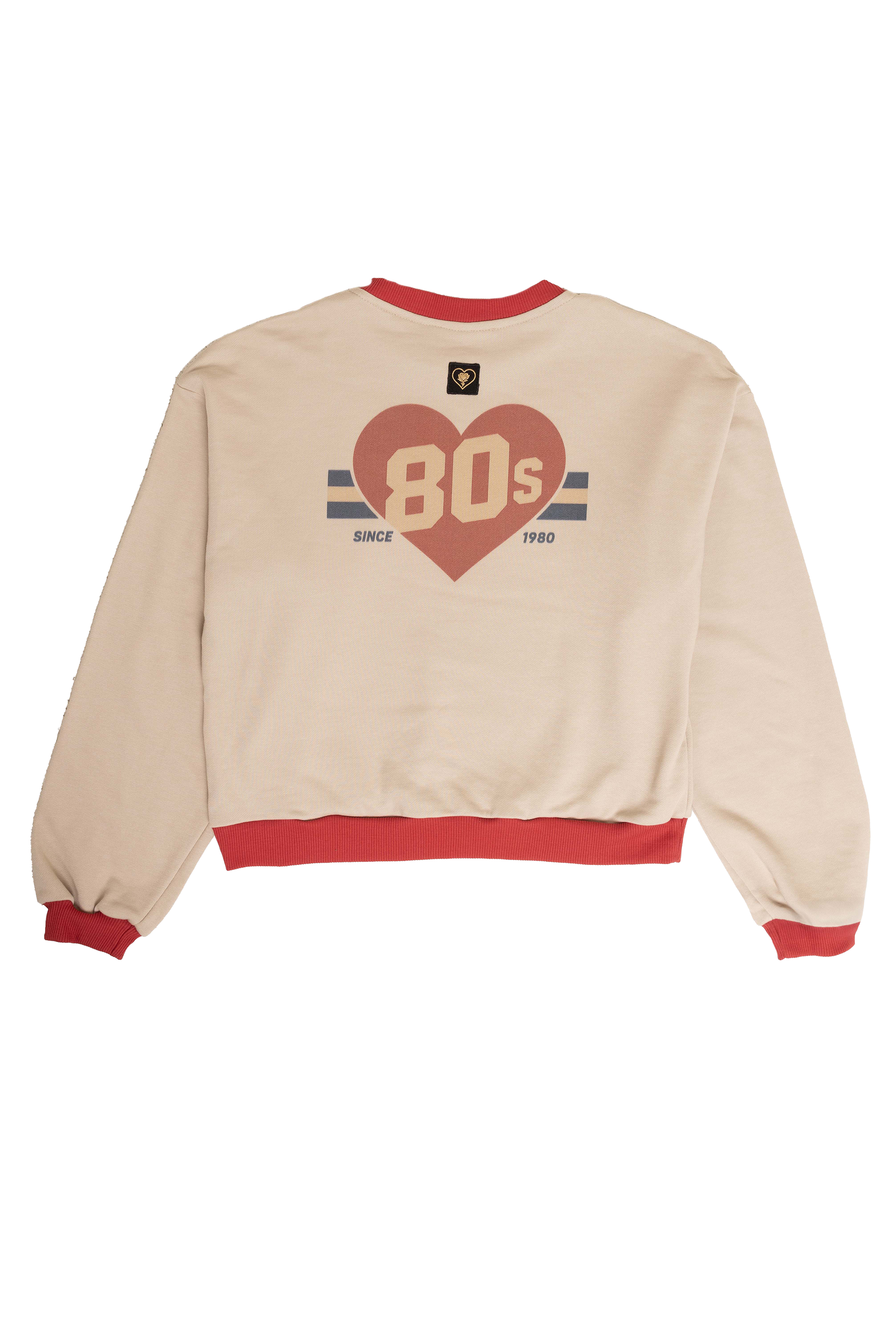 Beige sweatshirt with red heart and text design on a white background